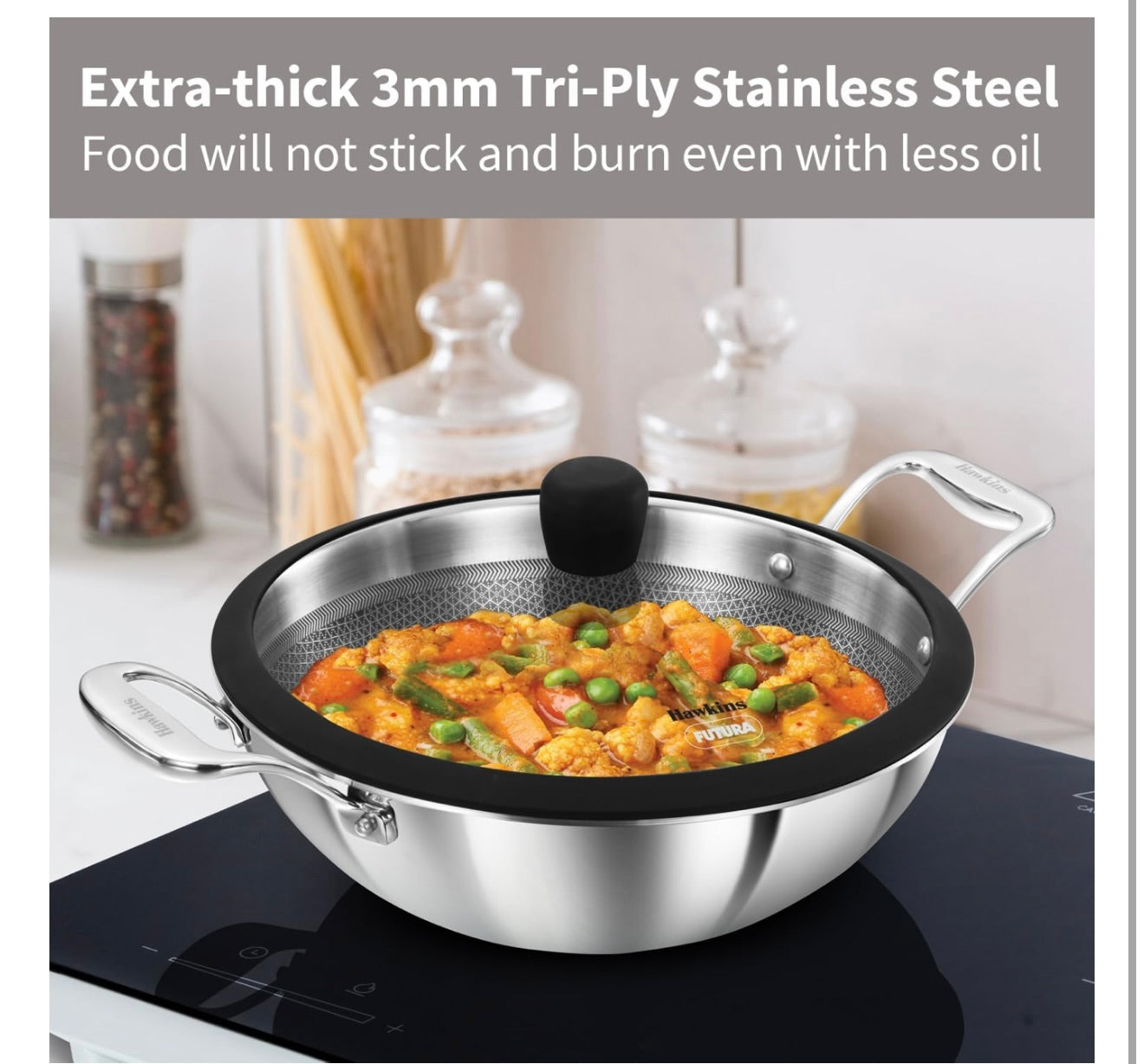 Hawkins Pro 3.5 Litre Shielded Nonstick Triply Deep-Fry Pan, Kadhai with Stainless Steel Handles and Glass Lid, Silver (PSNK35G), 26 cm