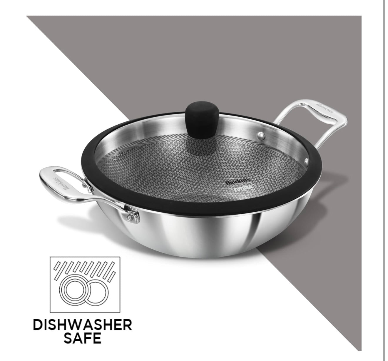 Hawkins Pro 3.5 Litre Shielded Nonstick Triply Deep-Fry Pan, Kadhai with Stainless Steel Handles and Glass Lid, Silver (PSNK35G), 26 cm