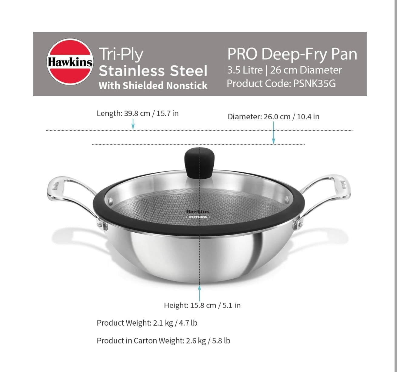 Hawkins Pro 3.5 Litre Shielded Nonstick Triply Deep-Fry Pan, Kadhai with Stainless Steel Handles and Glass Lid, Silver (PSNK35G), 26 cm