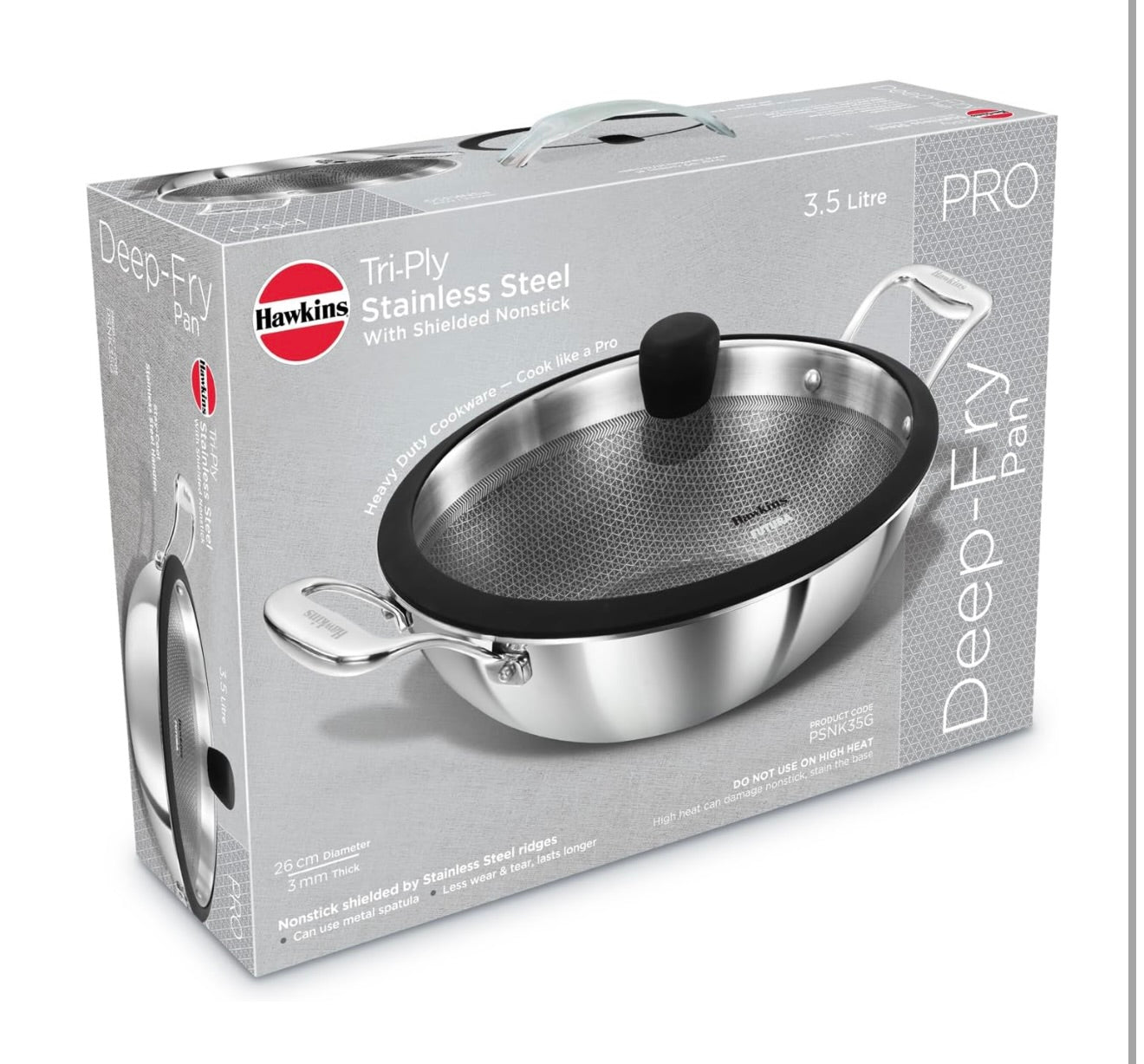 Hawkins Pro 3.5 Litre Shielded Nonstick Triply Deep-Fry Pan, Kadhai with Stainless Steel Handles and Glass Lid, Silver (PSNK35G), 26 cm