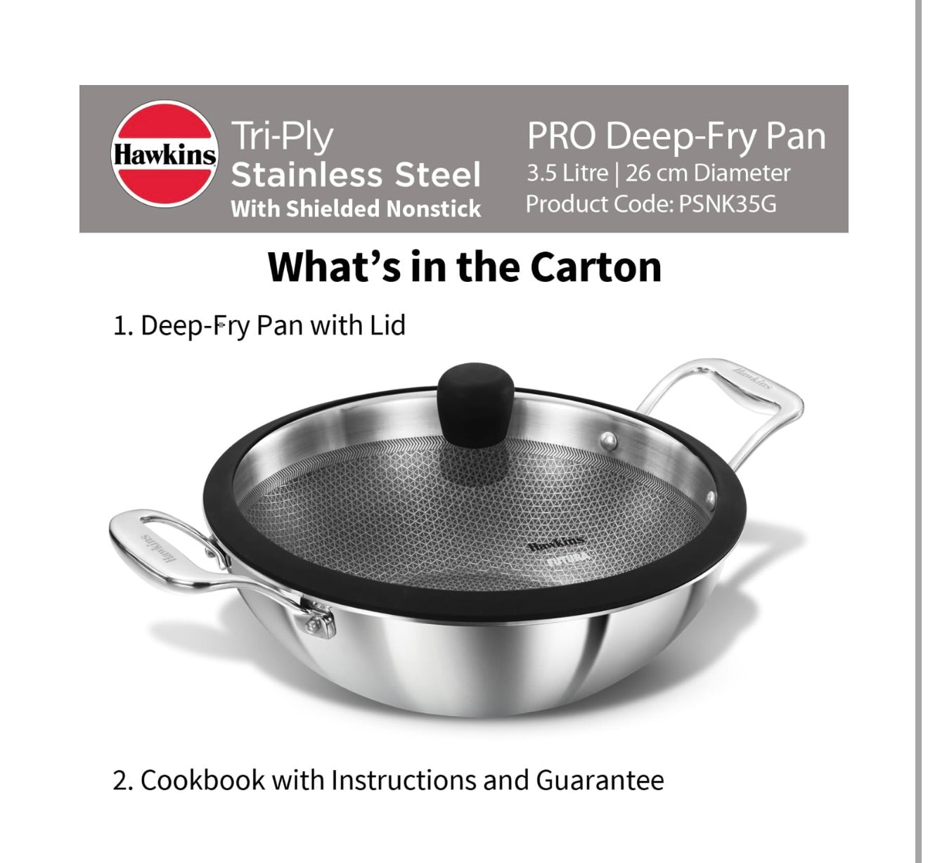 Hawkins Pro 3.5 Litre Shielded Nonstick Triply Deep-Fry Pan, Kadhai with Stainless Steel Handles and Glass Lid, Silver (PSNK35G), 26 cm