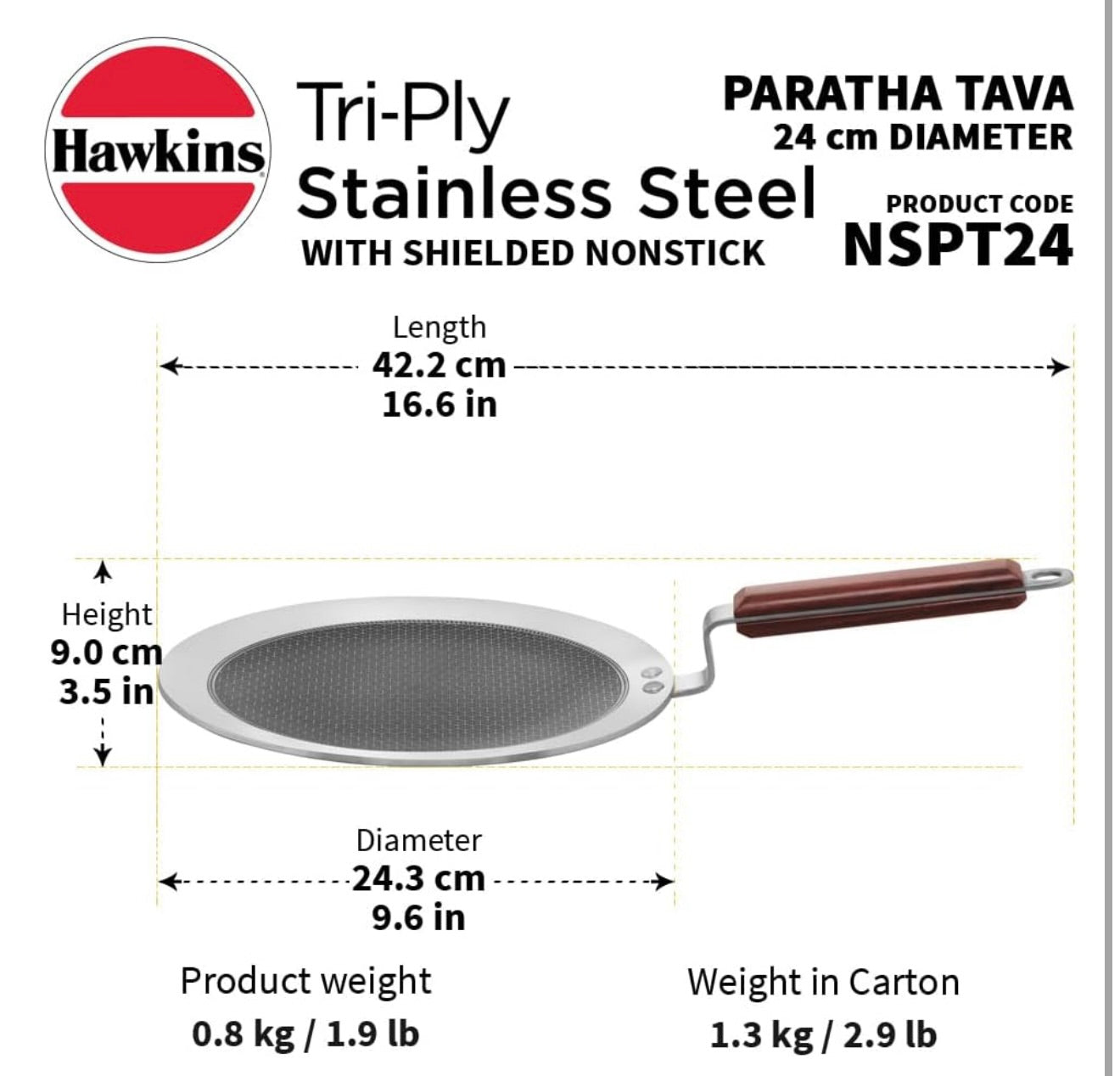 Hawkins 24 cm Paratha Tava, Triply Stainless Steel Shielded Nonstick Tawa with Rosewood Handle, Honeycomb Non Stick Induction Tawa, Silver (NSPT24)