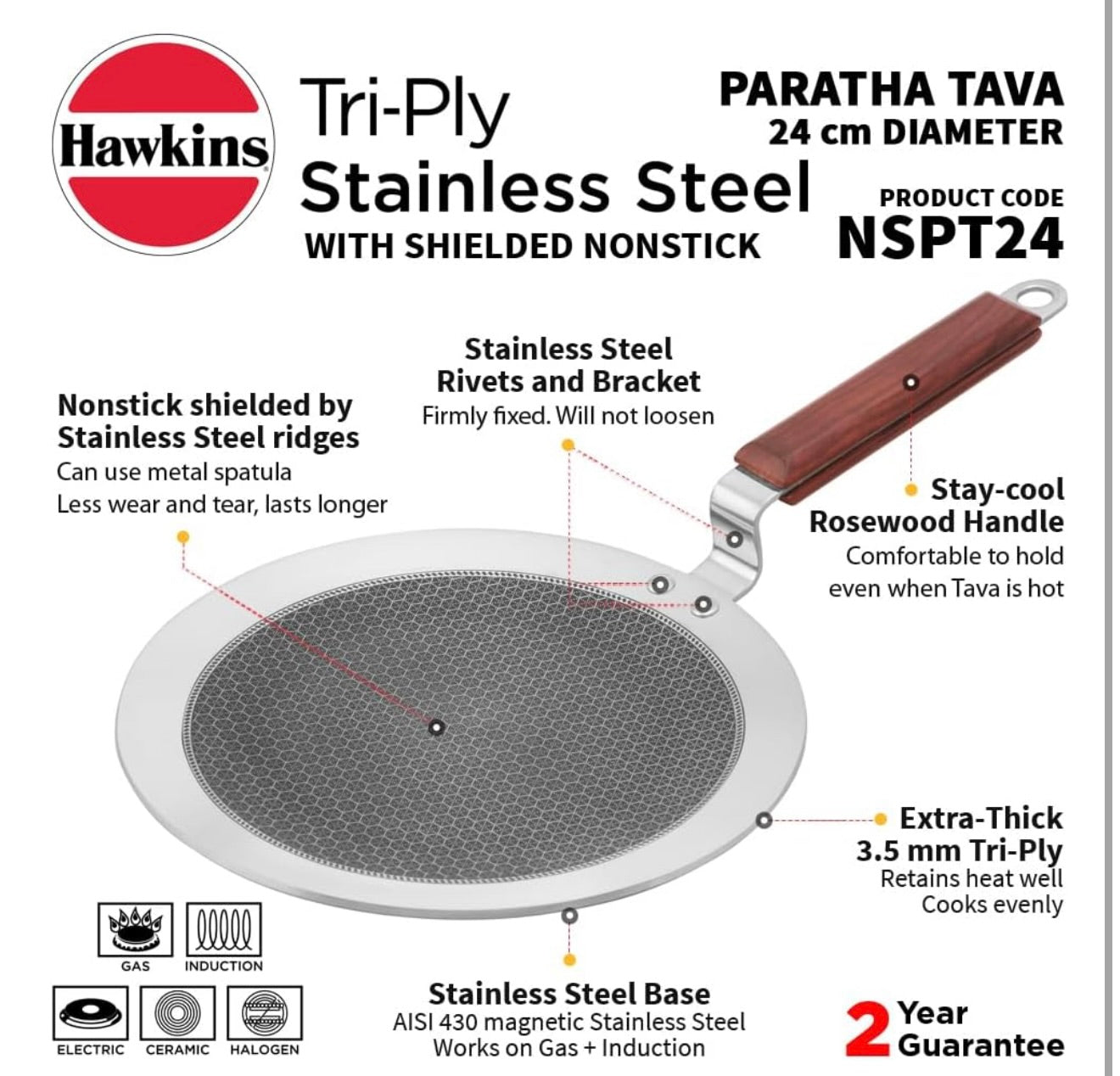 Hawkins 24 cm Paratha Tava, Triply Stainless Steel Shielded Nonstick Tawa with Rosewood Handle, Honeycomb Non Stick Induction Tawa, Silver (NSPT24)