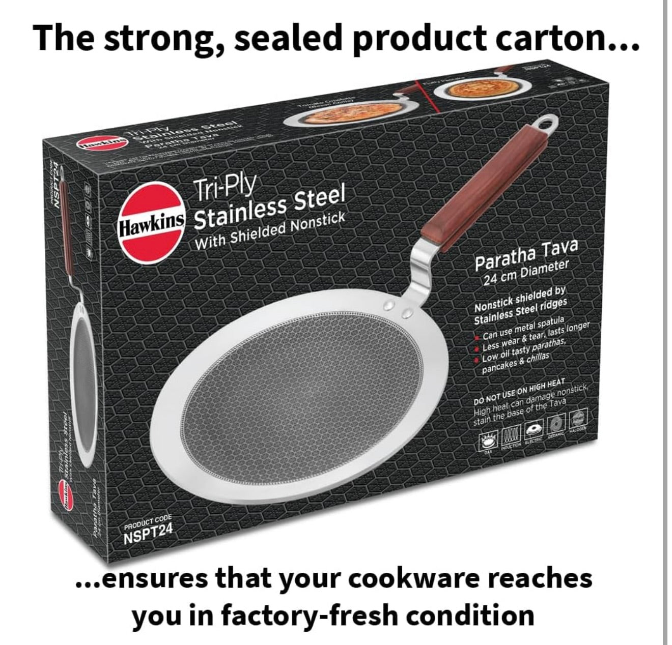 Hawkins 24 cm Paratha Tava, Triply Stainless Steel Shielded Nonstick Tawa with Rosewood Handle, Honeycomb Non Stick Induction Tawa, Silver (NSPT24)