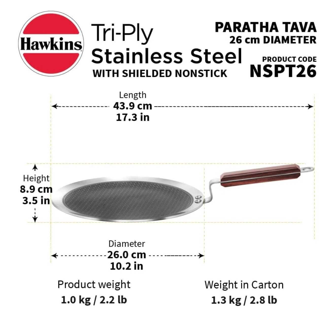 Hawkins 26 cm Paratha Tava, Triply Stainless Steel Shielded Nonstick Tawa with Rosewood Handle, Honeycomb Non Stick Induction Tawa, Silver (NSPT26)