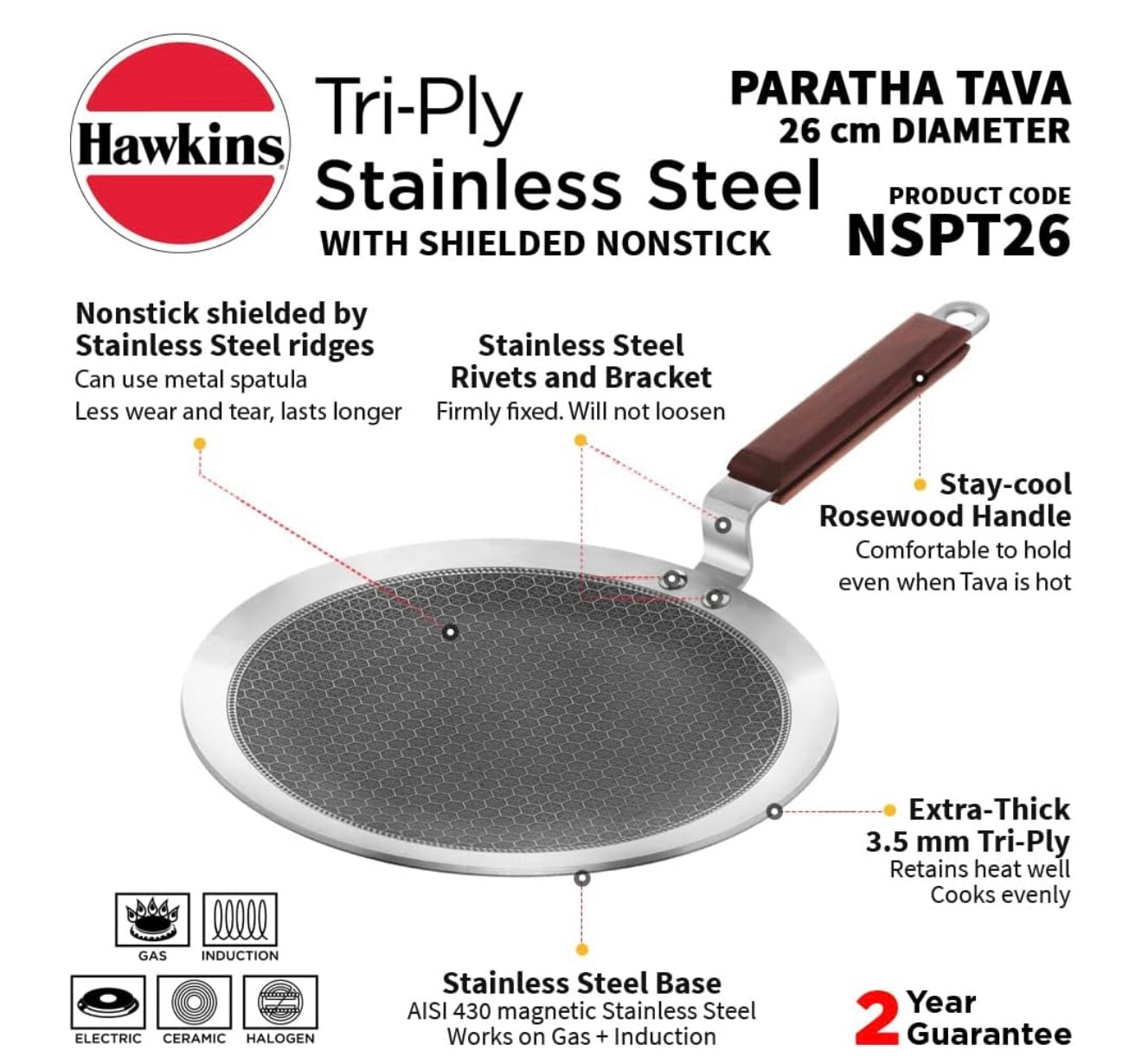 Hawkins 26 cm Paratha Tava, Triply Stainless Steel Shielded Nonstick Tawa with Rosewood Handle, Honeycomb Non Stick Induction Tawa, Silver (NSPT26)