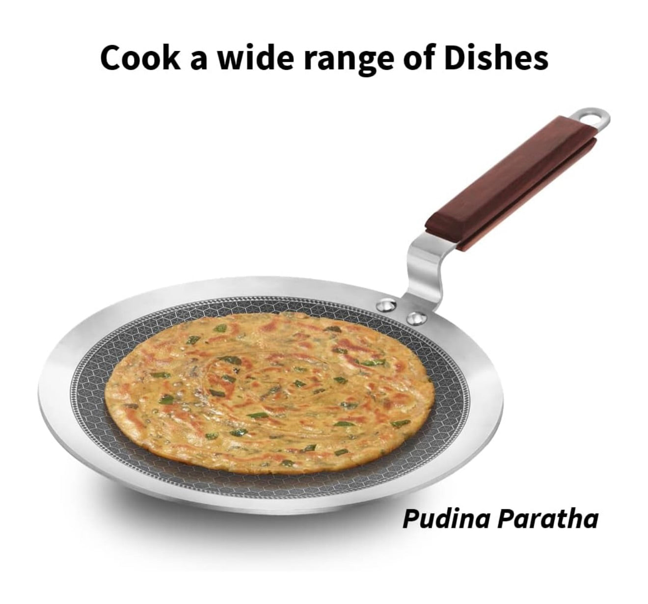 Hawkins 26 cm Paratha Tava, Triply Stainless Steel Shielded Nonstick Tawa with Rosewood Handle, Honeycomb Non Stick Induction Tawa, Silver (NSPT26)