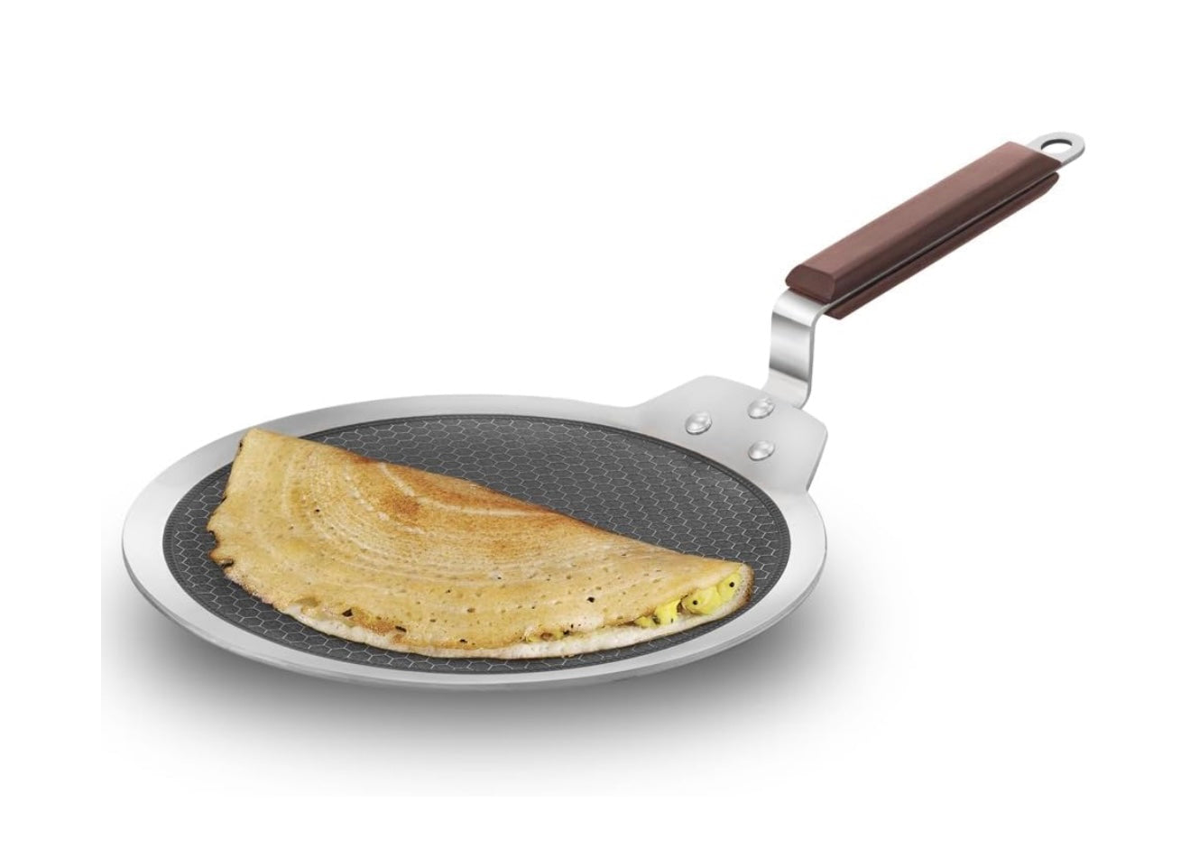 Hawkins 28 cm Dosa Tava, Triply Stainless Steel Shielded Nonstick Tawa with Rosewood Handle, Honeycomb Non Stick Induction Tawa, Silver (NSDT28)