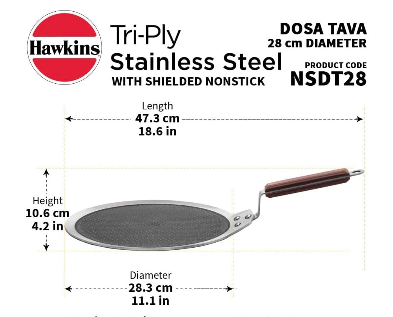 Hawkins 28 cm Dosa Tava, Triply Stainless Steel Shielded Nonstick Tawa with Rosewood Handle, Honeycomb Non Stick Induction Tawa, Silver (NSDT28)