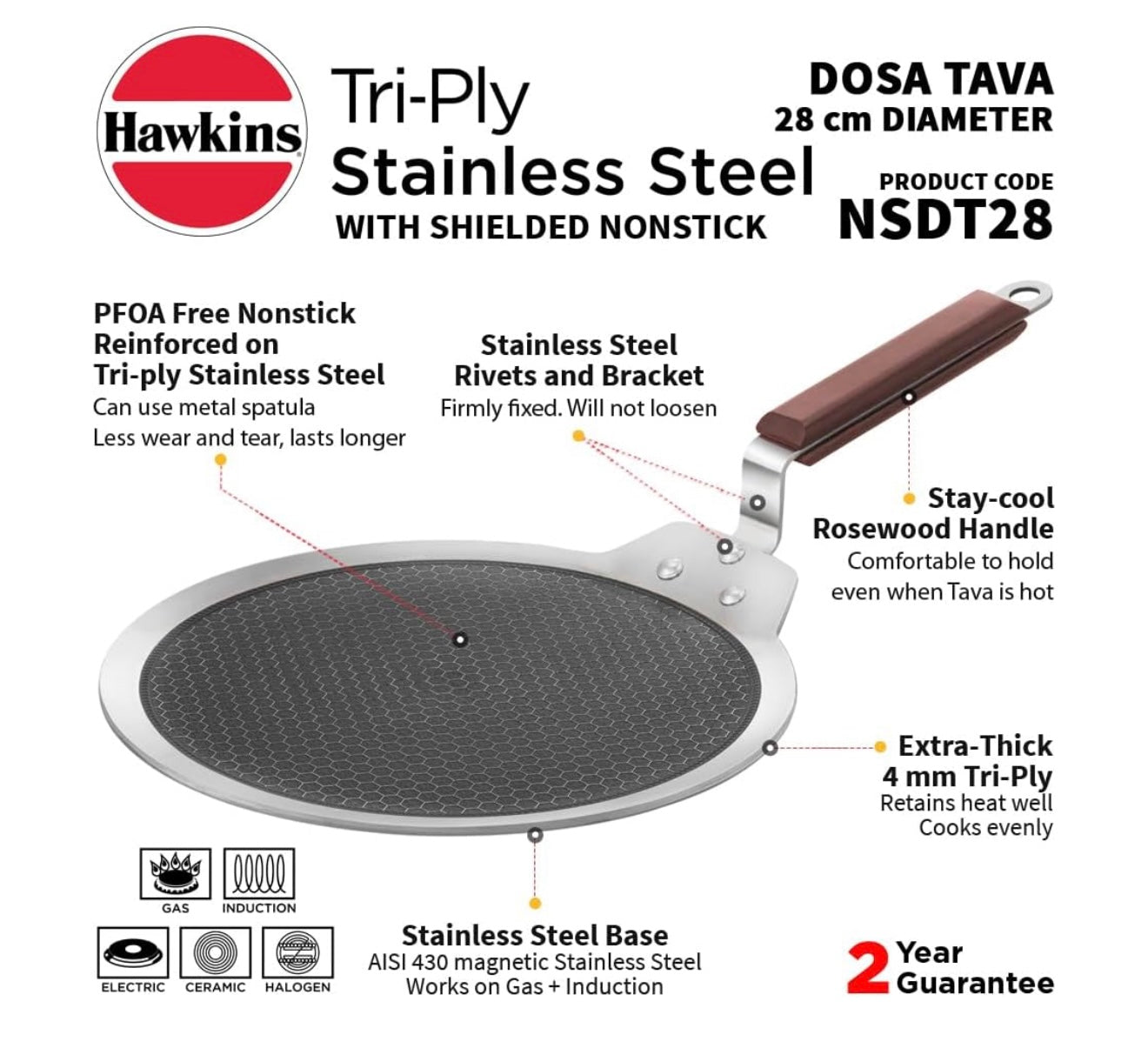 Hawkins 28 cm Dosa Tava, Triply Stainless Steel Shielded Nonstick Tawa with Rosewood Handle, Honeycomb Non Stick Induction Tawa, Silver (NSDT28)