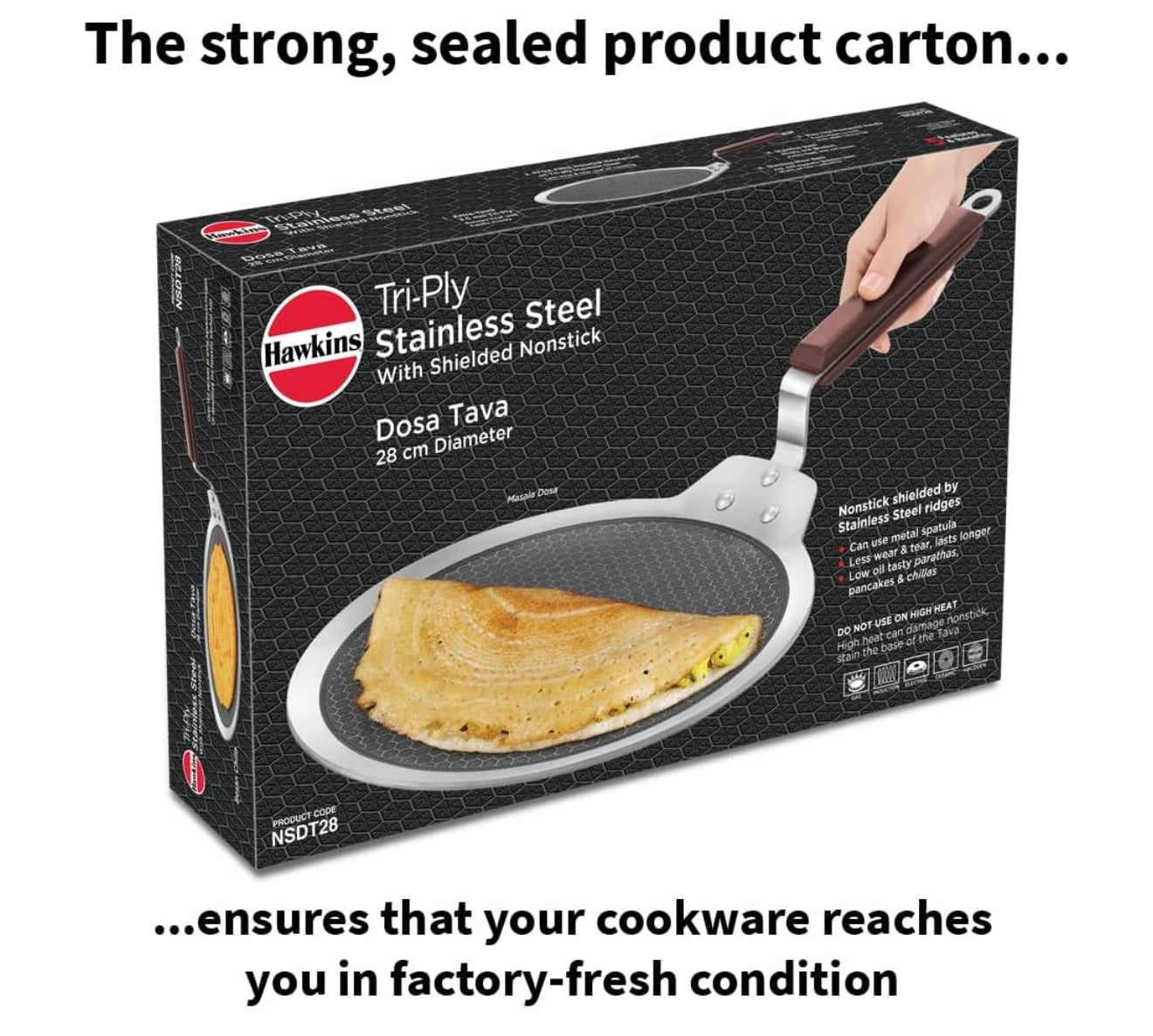 Hawkins 28 cm Dosa Tava, Triply Stainless Steel Shielded Nonstick Tawa with Rosewood Handle, Honeycomb Non Stick Induction Tawa, Silver (NSDT28)
