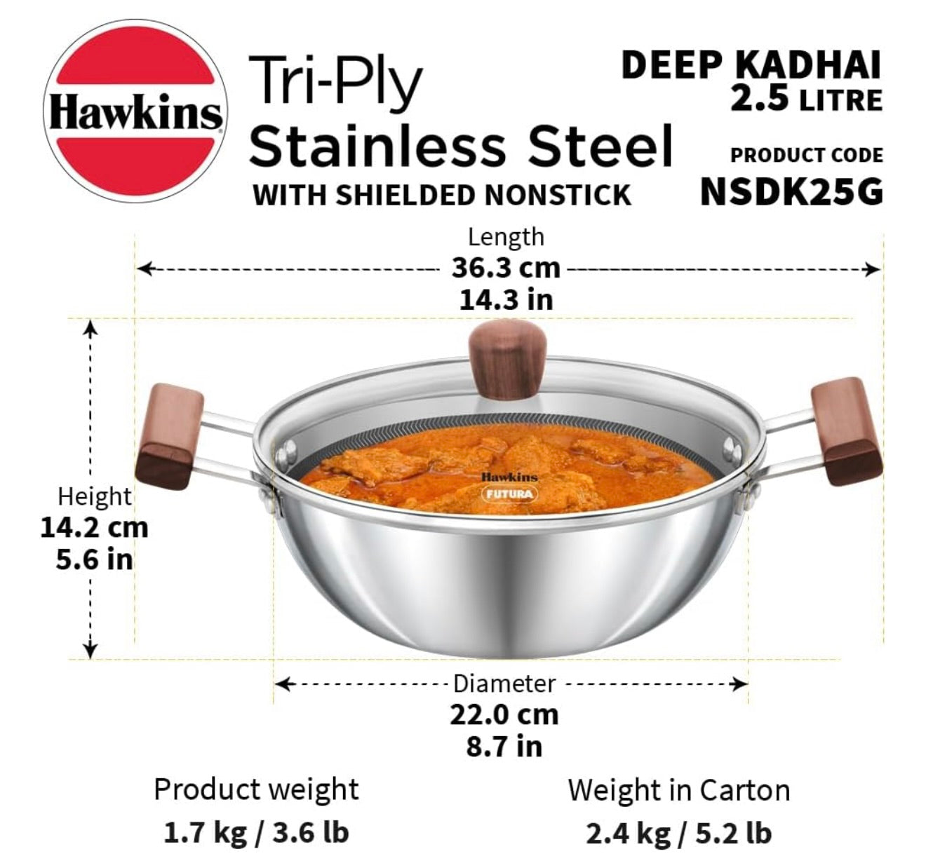 Hawkins 2.5 Litre Deep Kadhai, Triply Stainless Steel Shielded Nonstick Deep-Fry Pan with Rosewood Handle, Honeycomb Non Stick Induction Kadai, Silver (NSDK25G)