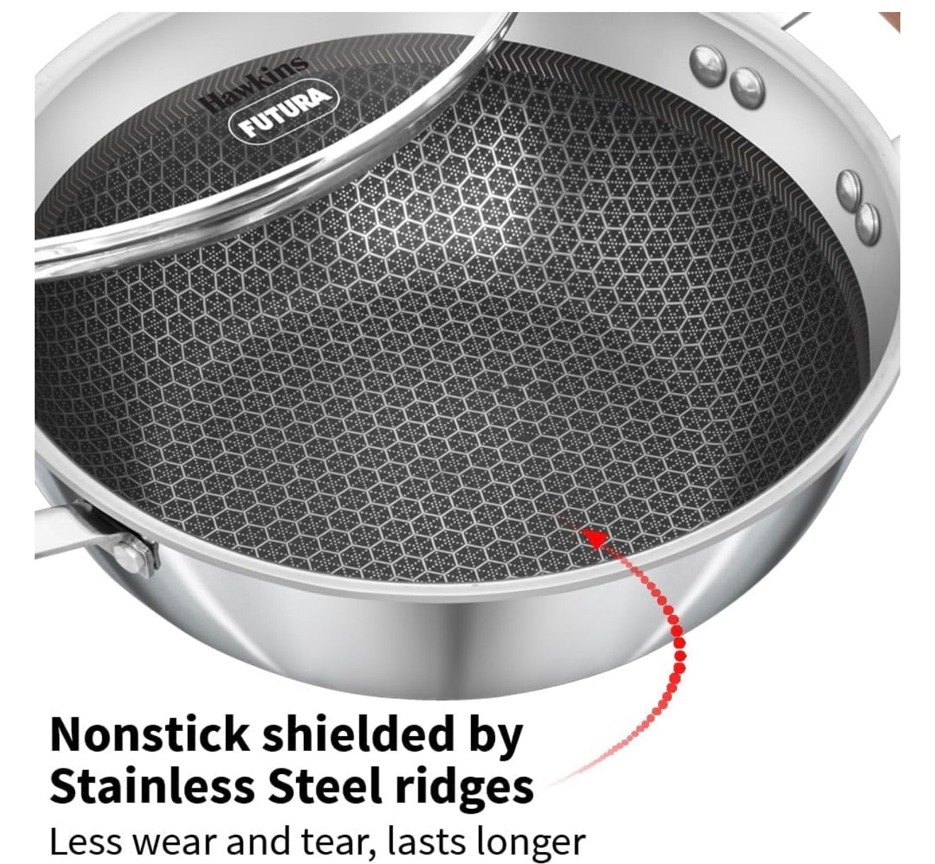 Hawkins 2.5 Litre Deep Kadhai, Triply Stainless Steel Shielded Nonstick Deep-Fry Pan with Rosewood Handle, Honeycomb Non Stick Induction Kadai, Silver (NSDK25G)
