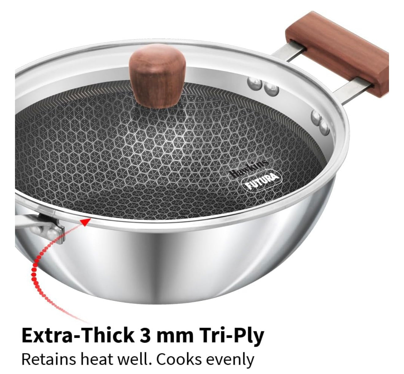 Hawkins 2.5 Litre Deep Kadhai, Triply Stainless Steel Shielded Nonstick Deep-Fry Pan with Rosewood Handle, Honeycomb Non Stick Induction Kadai, Silver (NSDK25G)