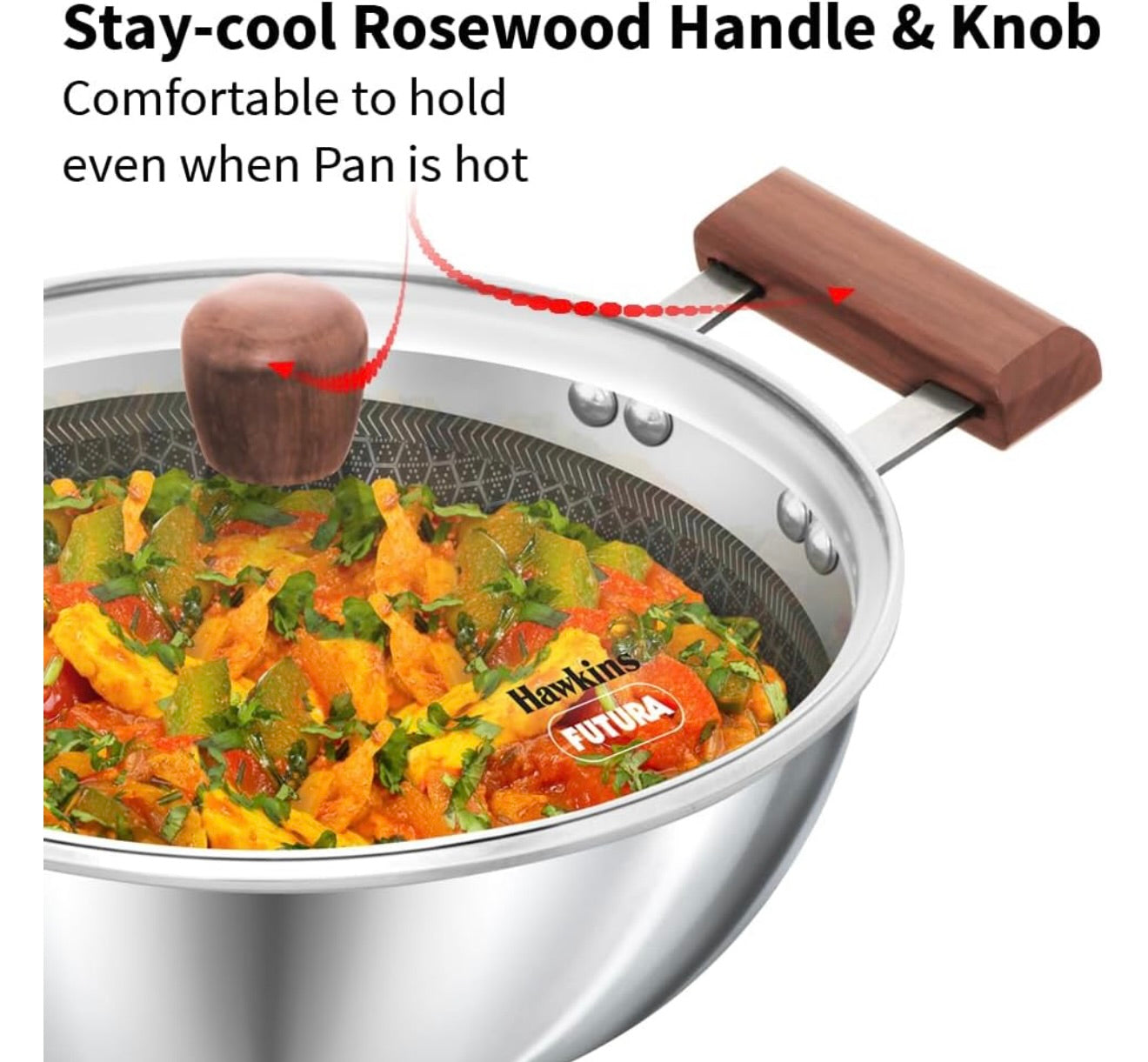 Hawkins 2.5 Litre Deep Kadhai, Triply Stainless Steel Shielded Nonstick Deep-Fry Pan with Rosewood Handle, Honeycomb Non Stick Induction Kadai, Silver (NSDK25G)