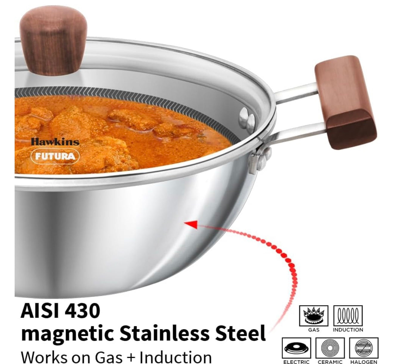 Hawkins 2.5 Litre Deep Kadhai, Triply Stainless Steel Shielded Nonstick Deep-Fry Pan with Rosewood Handle, Honeycomb Non Stick Induction Kadai, Silver (NSDK25G)