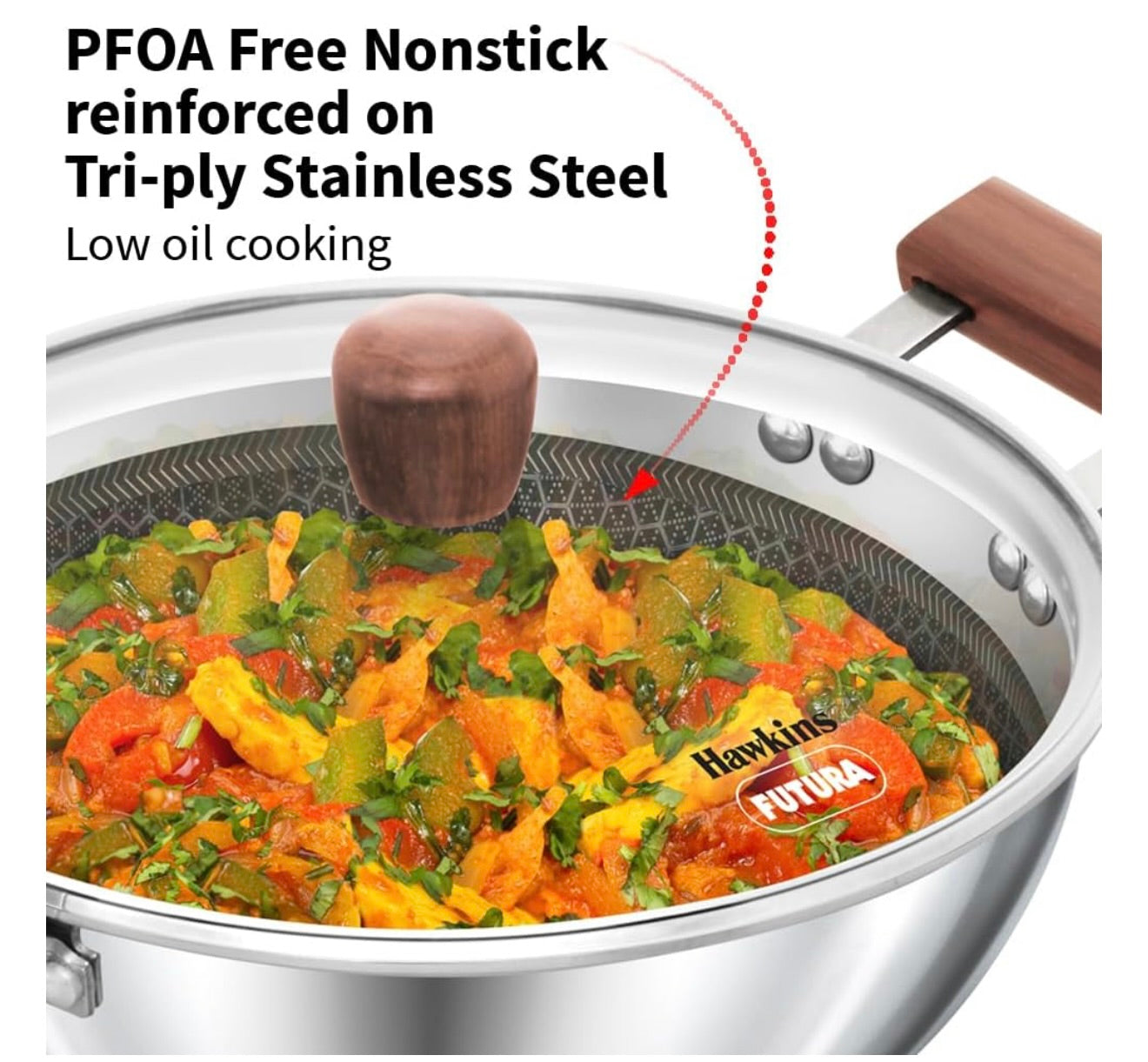 Hawkins 2.5 Litre Deep Kadhai, Triply Stainless Steel Shielded Nonstick Deep-Fry Pan with Rosewood Handle, Honeycomb Non Stick Induction Kadai, Silver (NSDK25G)