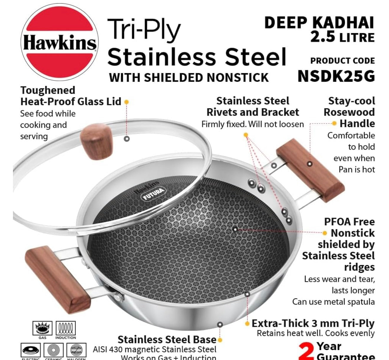 Hawkins 2.5 Litre Deep Kadhai, Triply Stainless Steel Shielded Nonstick Deep-Fry Pan with Rosewood Handle, Honeycomb Non Stick Induction Kadai, Silver (NSDK25G)