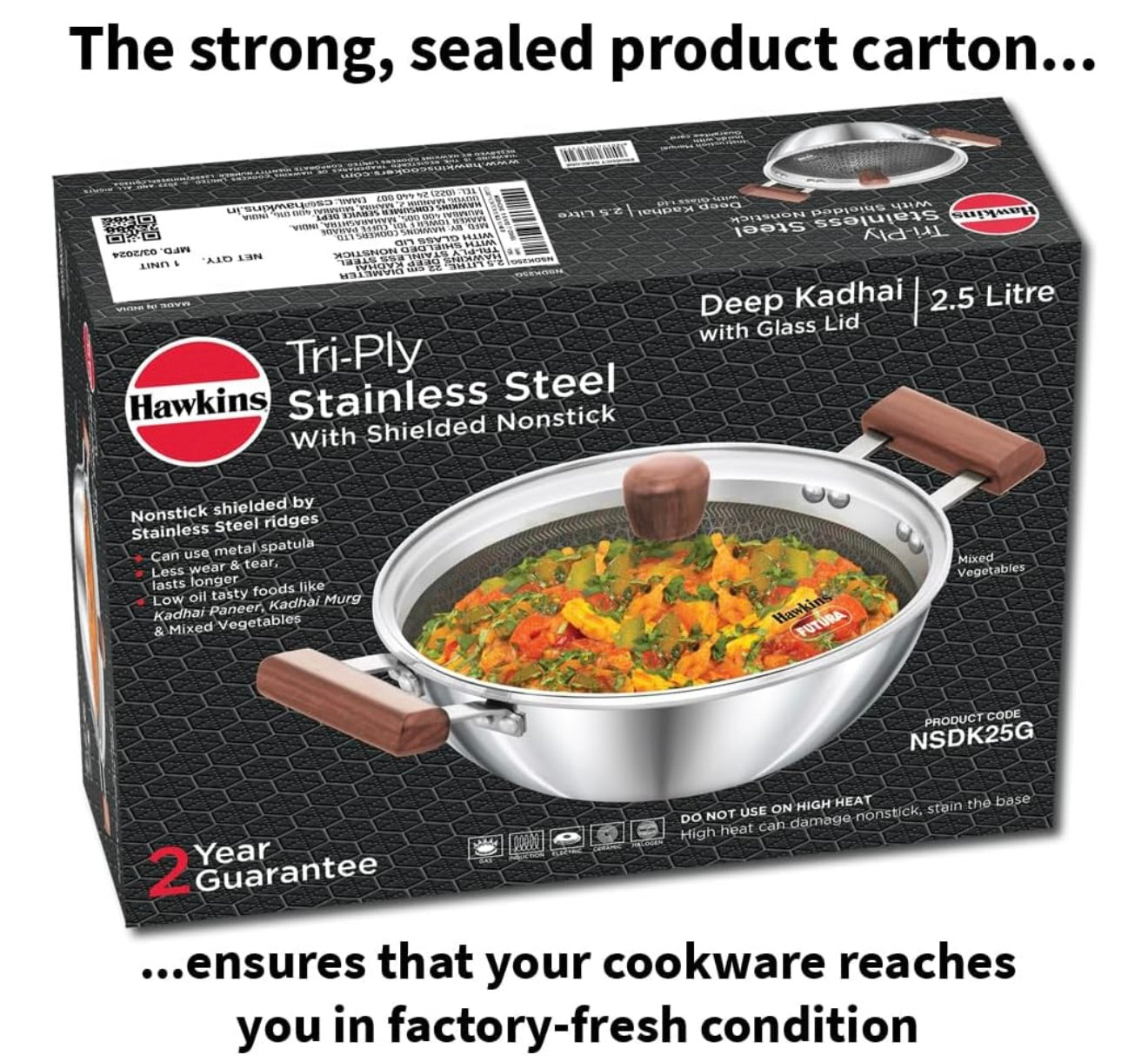 Hawkins 2.5 Litre Deep Kadhai, Triply Stainless Steel Shielded Nonstick Deep-Fry Pan with Rosewood Handle, Honeycomb Non Stick Induction Kadai, Silver (NSDK25G)
