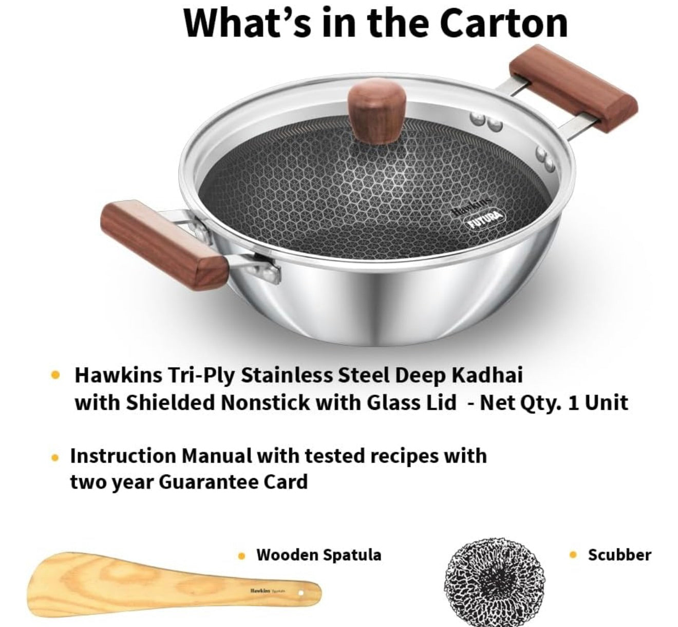Hawkins 2.5 Litre Deep Kadhai, Triply Stainless Steel Shielded Nonstick Deep-Fry Pan with Rosewood Handle, Honeycomb Non Stick Induction Kadai, Silver (NSDK25G)