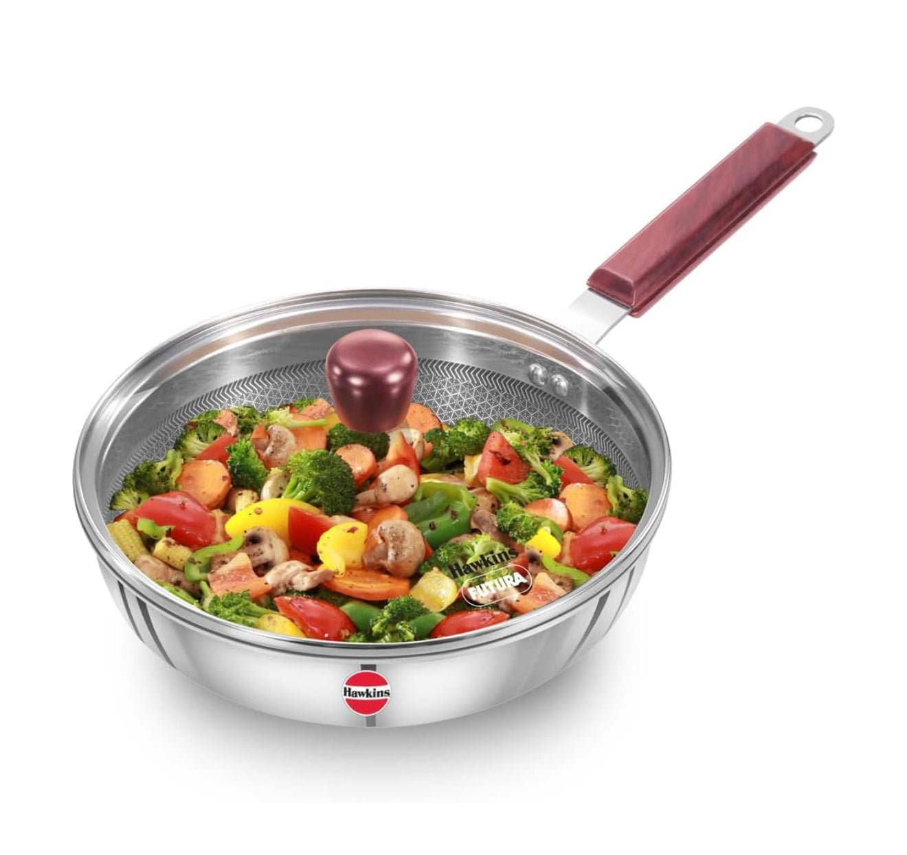 Hawkins 22 cm Frying Pan with Glass Lid, Triply Stainless Steel Shielded Nonstick Fry Pan with Rosewood Handle, Honeycomb, Induction, Silver (NSF22G)
