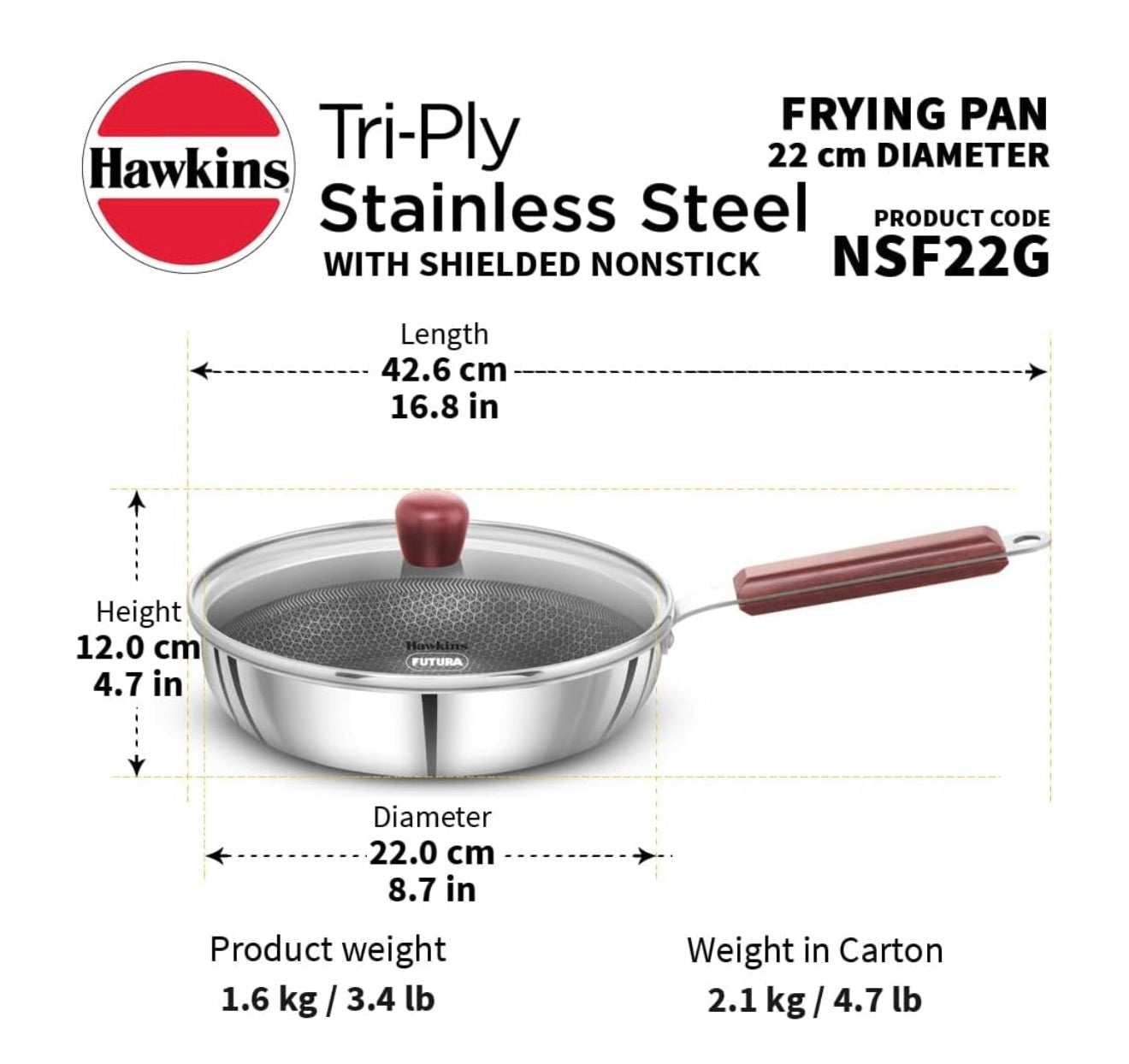 Hawkins 22 cm Frying Pan with Glass Lid, Triply Stainless Steel Shielded Nonstick Fry Pan with Rosewood Handle, Honeycomb, Induction, Silver (NSF22G)
