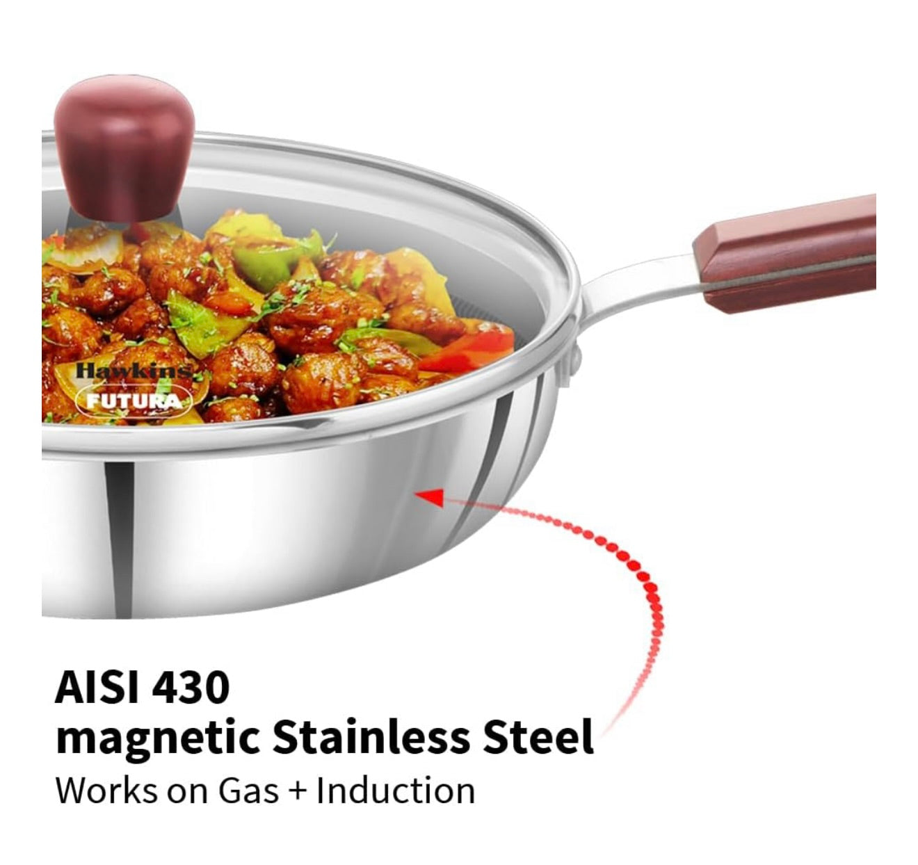 Hawkins 22 cm Frying Pan with Glass Lid, Triply Stainless Steel Shielded Nonstick Fry Pan with Rosewood Handle, Honeycomb, Induction, Silver (NSF22G)