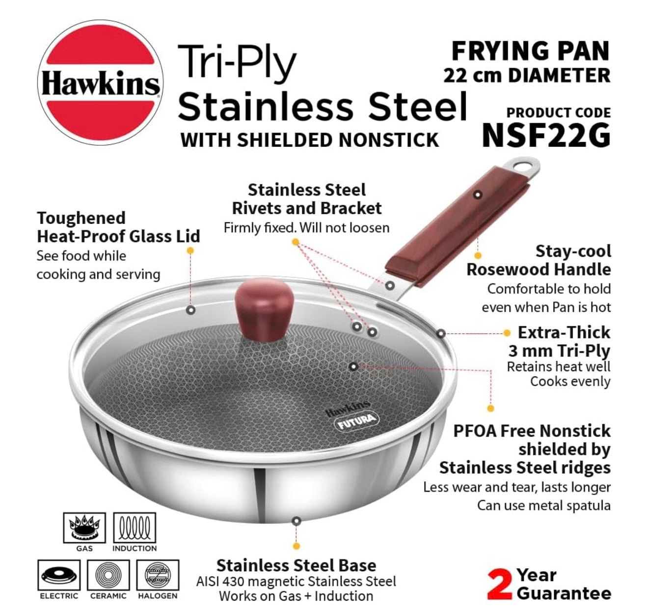 Hawkins 22 cm Frying Pan with Glass Lid, Triply Stainless Steel Shielded Nonstick Fry Pan with Rosewood Handle, Honeycomb, Induction, Silver (NSF22G)