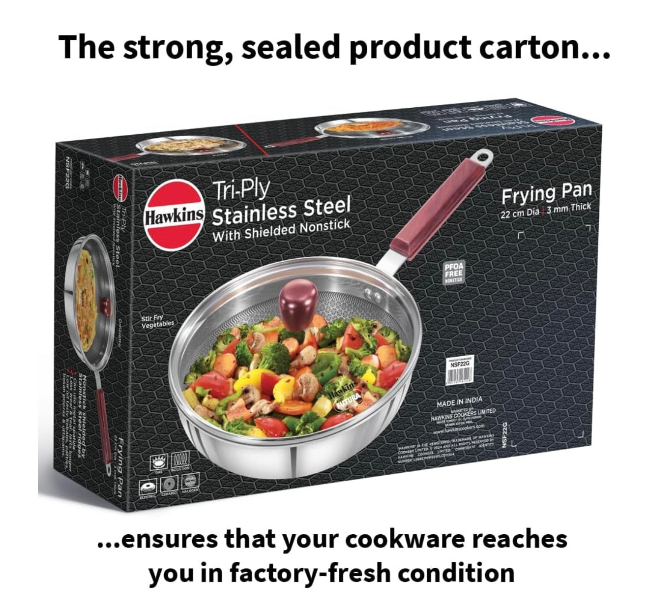 Hawkins 22 cm Frying Pan with Glass Lid, Triply Stainless Steel Shielded Nonstick Fry Pan with Rosewood Handle, Honeycomb, Induction, Silver (NSF22G)