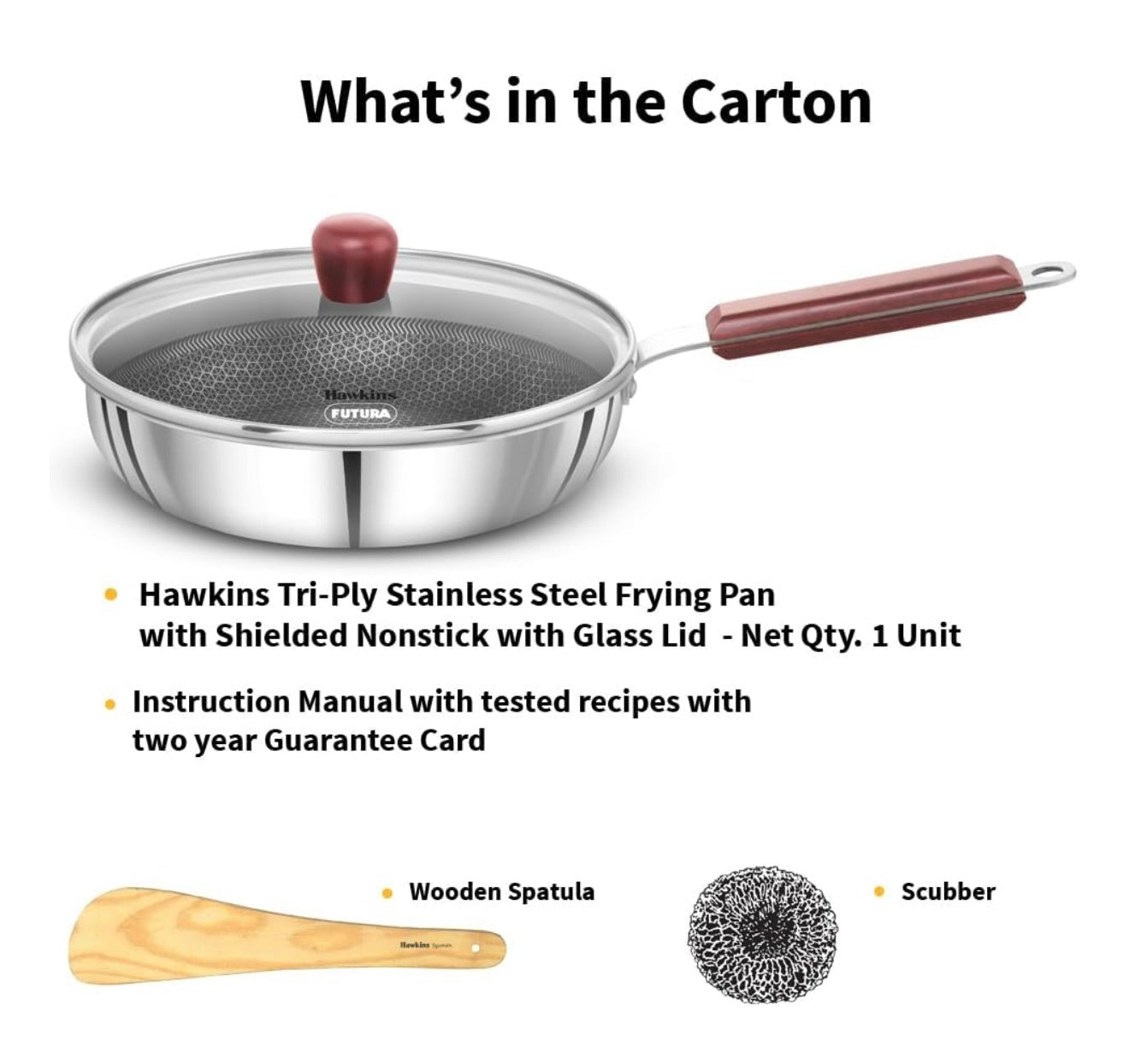 Hawkins 22 cm Frying Pan with Glass Lid, Triply Stainless Steel Shielded Nonstick Fry Pan with Rosewood Handle, Honeycomb, Induction, Silver (NSF22G)