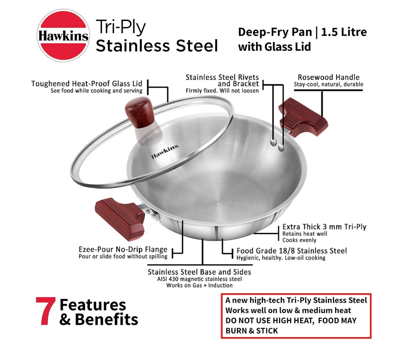 Hawkins 1.5 Litre Deep Fry Pan, Triply Stainless Steel Kadai with Glass Lid, Flat Bottom Induction Kadhai, Small Kadai, Silver (SSD15G)