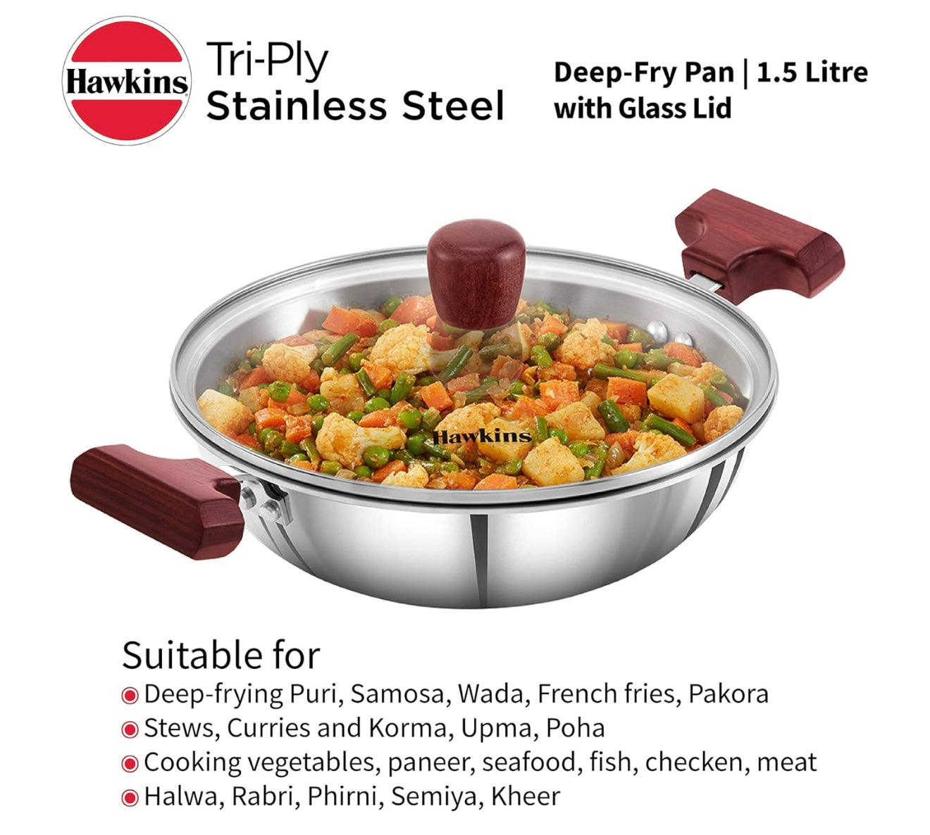 Hawkins 1.5 Litre Deep Fry Pan, Triply Stainless Steel Kadai with Glass Lid, Flat Bottom Induction Kadhai, Small Kadai, Silver (SSD15G)