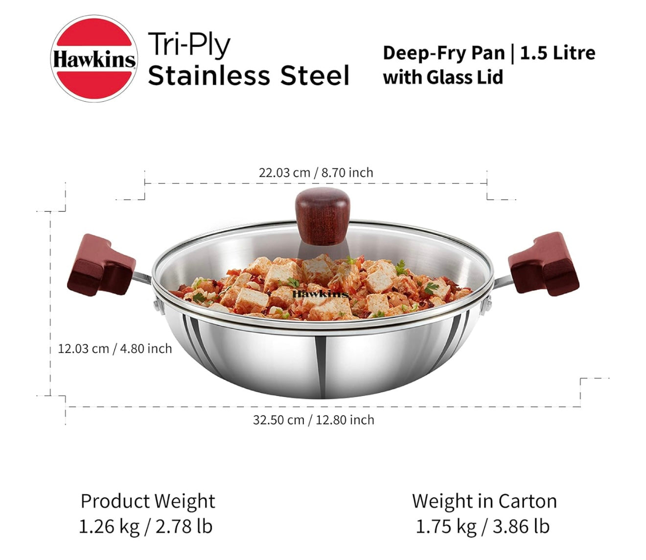 Hawkins 1.5 Litre Deep Fry Pan, Triply Stainless Steel Kadai with Glass Lid, Flat Bottom Induction Kadhai, Small Kadai, Silver (SSD15G)