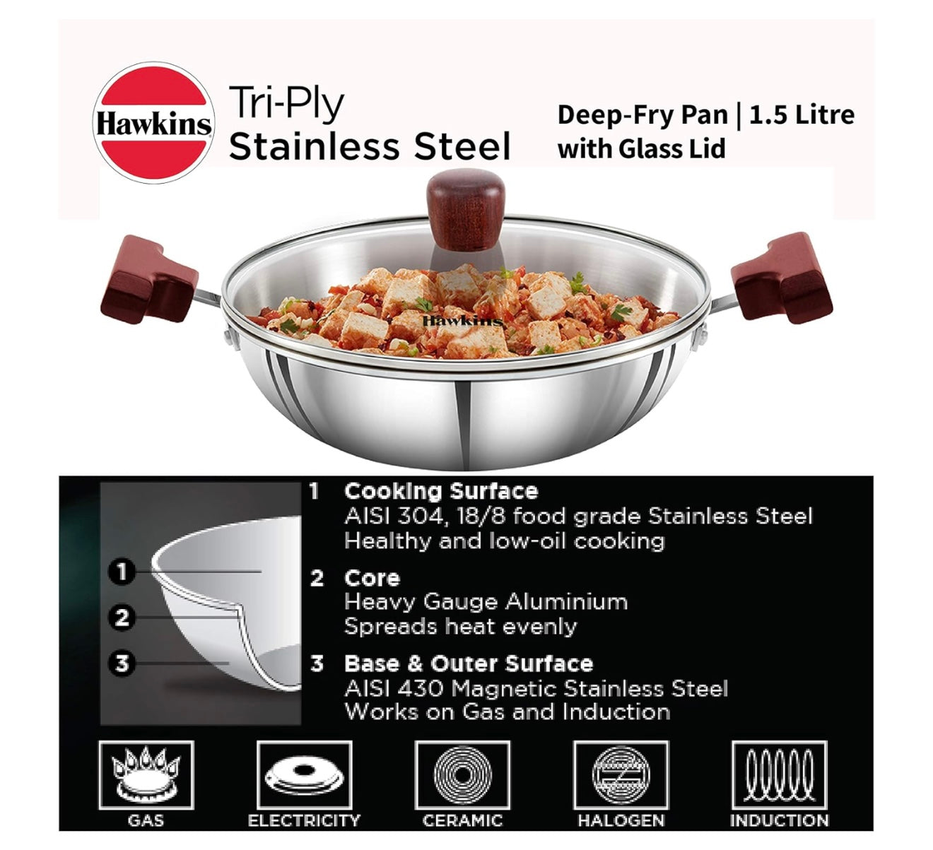 Hawkins 1.5 Litre Deep Fry Pan, Triply Stainless Steel Kadai with Glass Lid, Flat Bottom Induction Kadhai, Small Kadai, Silver (SSD15G)