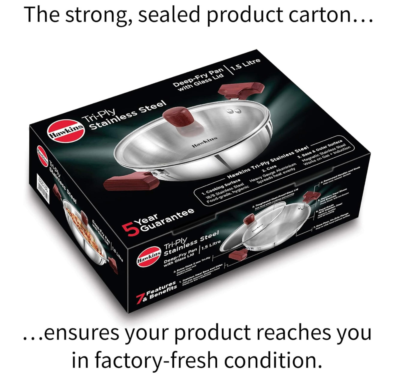 Hawkins 1.5 Litre Deep Fry Pan, Triply Stainless Steel Kadai with Glass Lid, Flat Bottom Induction Kadhai, Small Kadai, Silver (SSD15G)