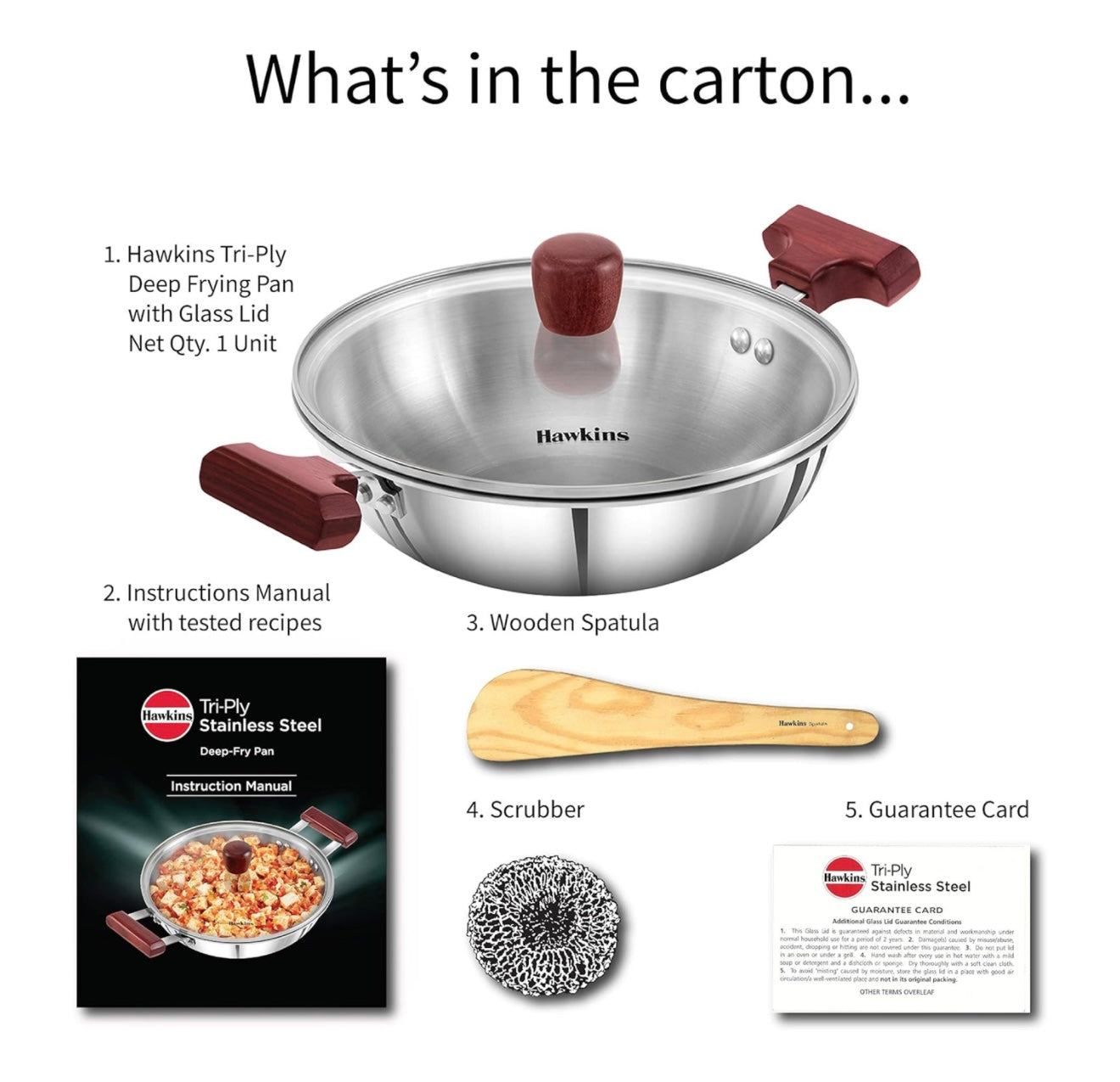 Hawkins 1.5 Litre Deep Fry Pan, Triply Stainless Steel Kadai with Glass Lid, Flat Bottom Induction Kadhai, Small Kadai, Silver (SSD15G)