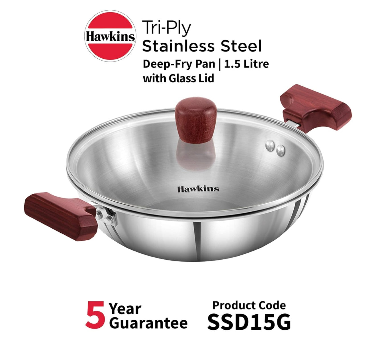 Hawkins 1.5 Litre Deep Fry Pan, Triply Stainless Steel Kadai with Glass Lid, Flat Bottom Induction Kadhai, Small Kadai, Silver (SSD15G)