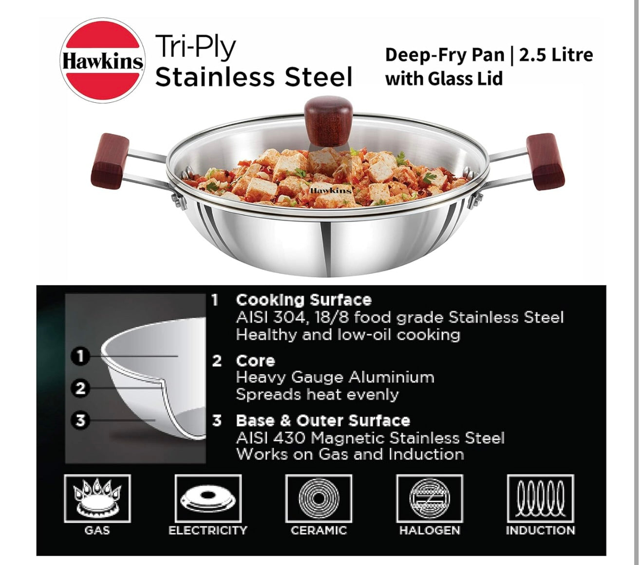 Hawkins 4 Litre Deep Kadhai, Triply Stainless Steel Kadai with Glass Lid, Flat Bottom Induction Kadhai, Big Kadai, Silver (SSK40G)