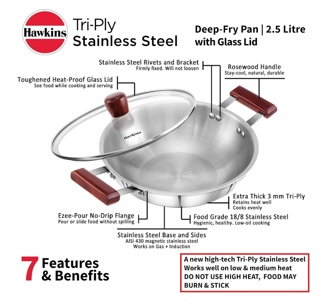 Hawkins 4 Litre Deep Kadhai, Triply Stainless Steel Kadai with Glass Lid, Flat Bottom Induction Kadhai, Big Kadai, Silver (SSK40G)