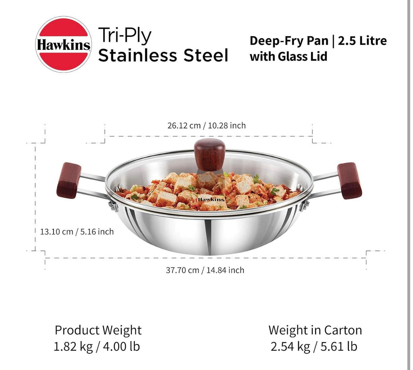 Hawkins 4 Litre Deep Kadhai, Triply Stainless Steel Kadai with Glass Lid, Flat Bottom Induction Kadhai, Big Kadai, Silver (SSK40G)