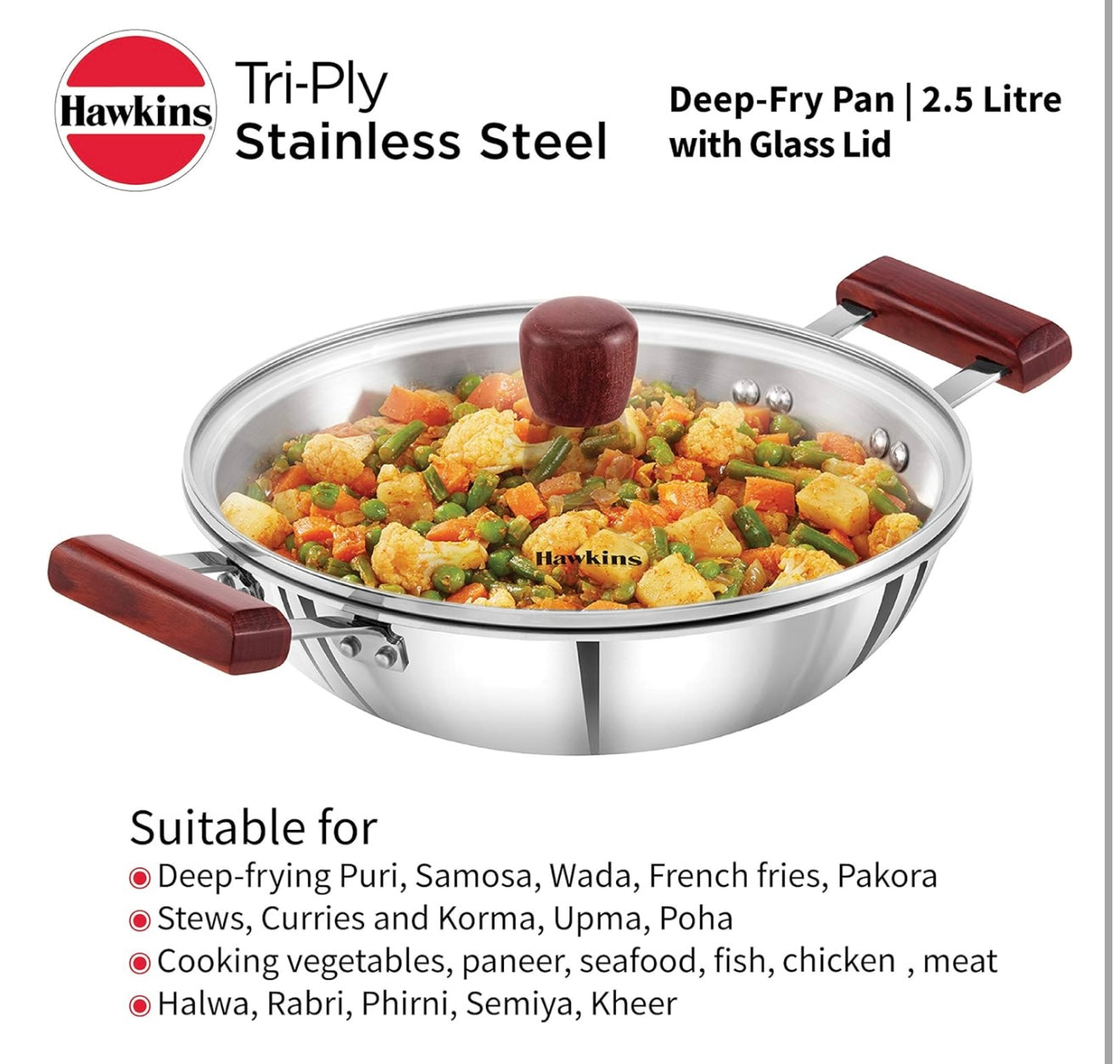 Hawkins 4 Litre Deep Kadhai, Triply Stainless Steel Kadai with Glass Lid, Flat Bottom Induction Kadhai, Big Kadai, Silver (SSK40G)