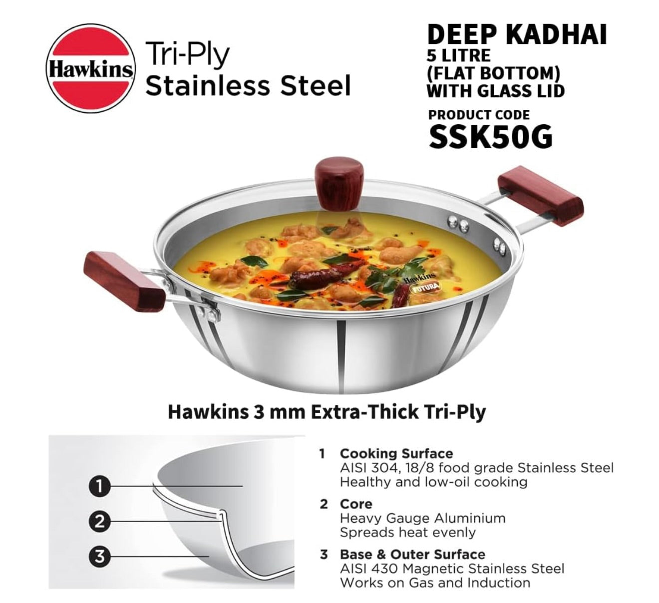Hawkins 5 Litre Deep Kadhai, Triply Stainless Steel Kadai with Glass Lid, Flat Bottom Induction Deep Kadhai, Big Kadai, Silver (SSK50G)