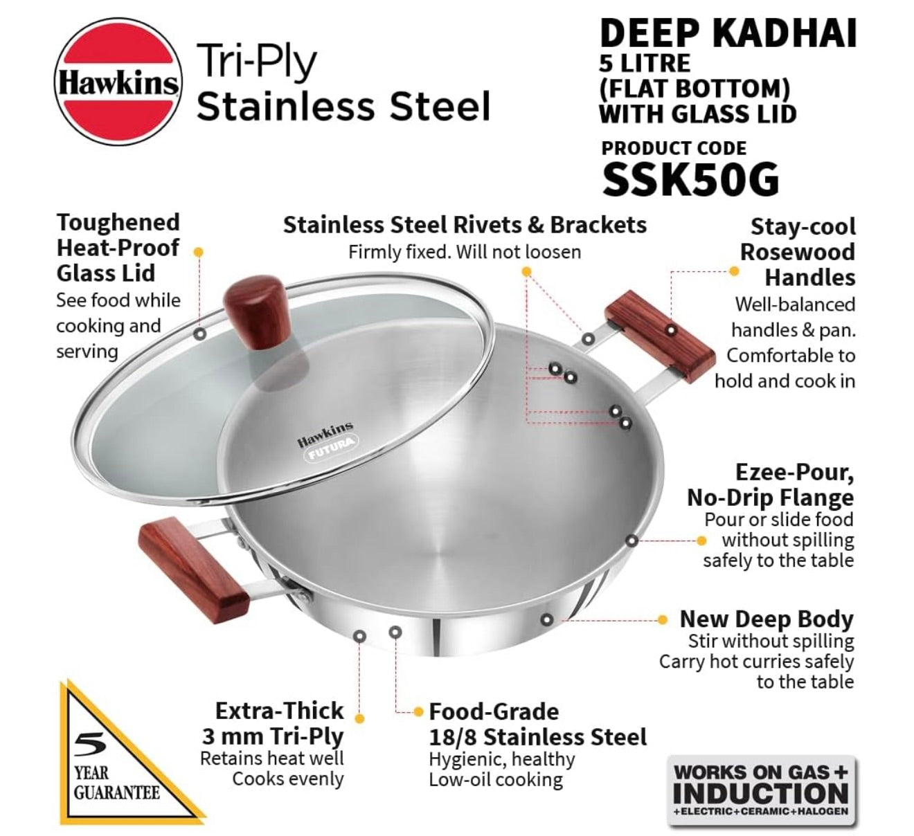 Hawkins 5 Litre Deep Kadhai, Triply Stainless Steel Kadai with Glass Lid, Flat Bottom Induction Deep Kadhai, Big Kadai, Silver (SSK50G)