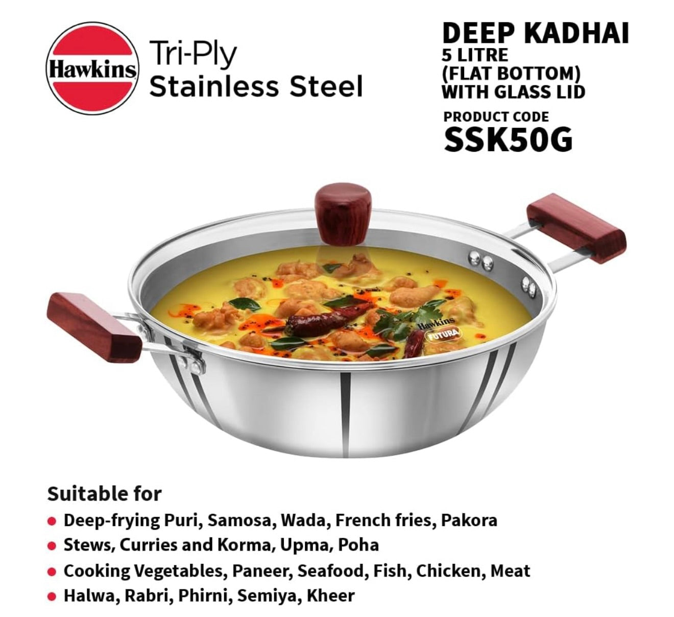 Hawkins 5 Litre Deep Kadhai, Triply Stainless Steel Kadai with Glass Lid, Flat Bottom Induction Deep Kadhai, Big Kadai, Silver (SSK50G)