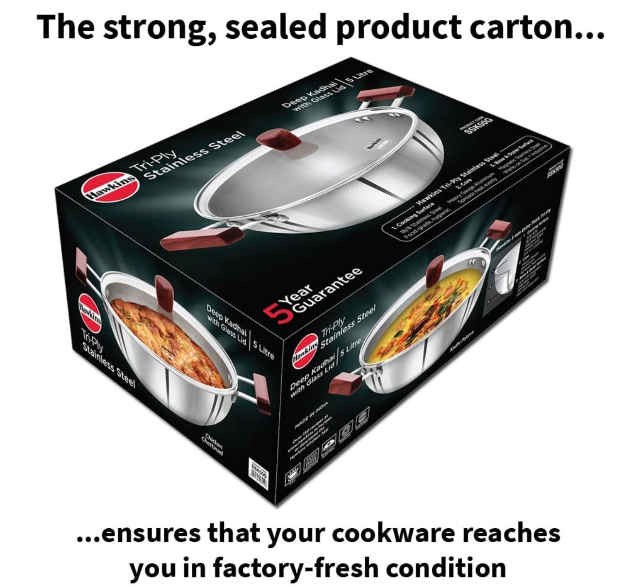 Hawkins 5 Litre Deep Kadhai, Triply Stainless Steel Kadai with Glass Lid, Flat Bottom Induction Deep Kadhai, Big Kadai, Silver (SSK50G)