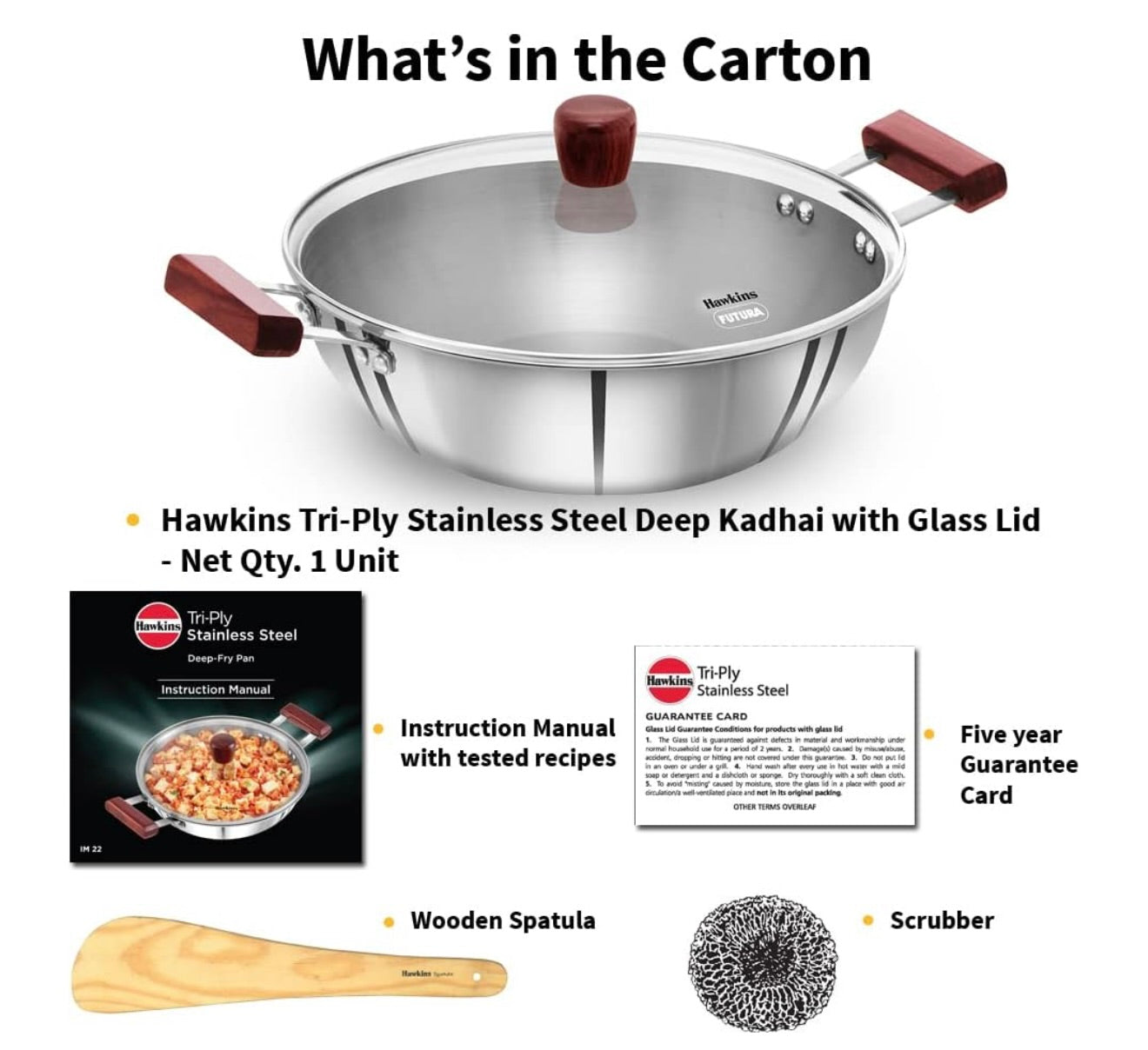 Hawkins 5 Litre Deep Kadhai, Triply Stainless Steel Kadai with Glass Lid, Flat Bottom Induction Deep Kadhai, Big Kadai, Silver (SSK50G)