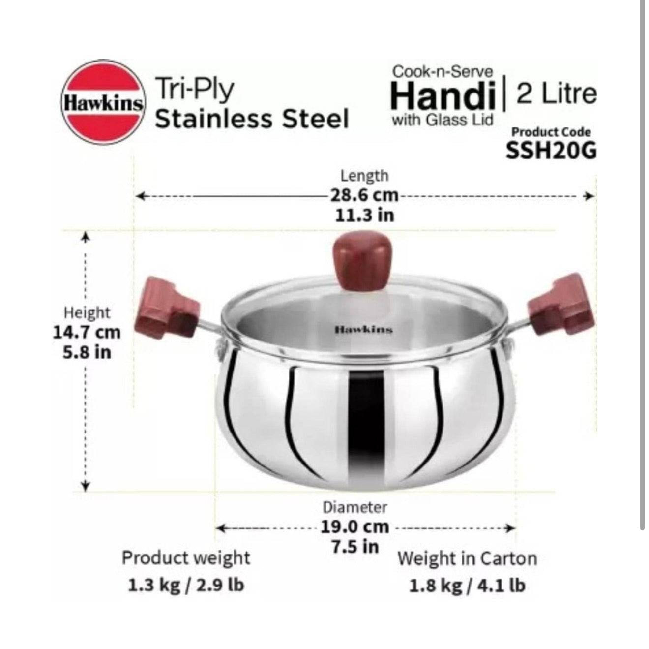 Hawkins 2 Litre Cook n Serve Handi, Triply Stainless Steel With Glass Lid, Induction Sauce Pan, Biryani Handi, Saucepan, Silver (SSH20G)