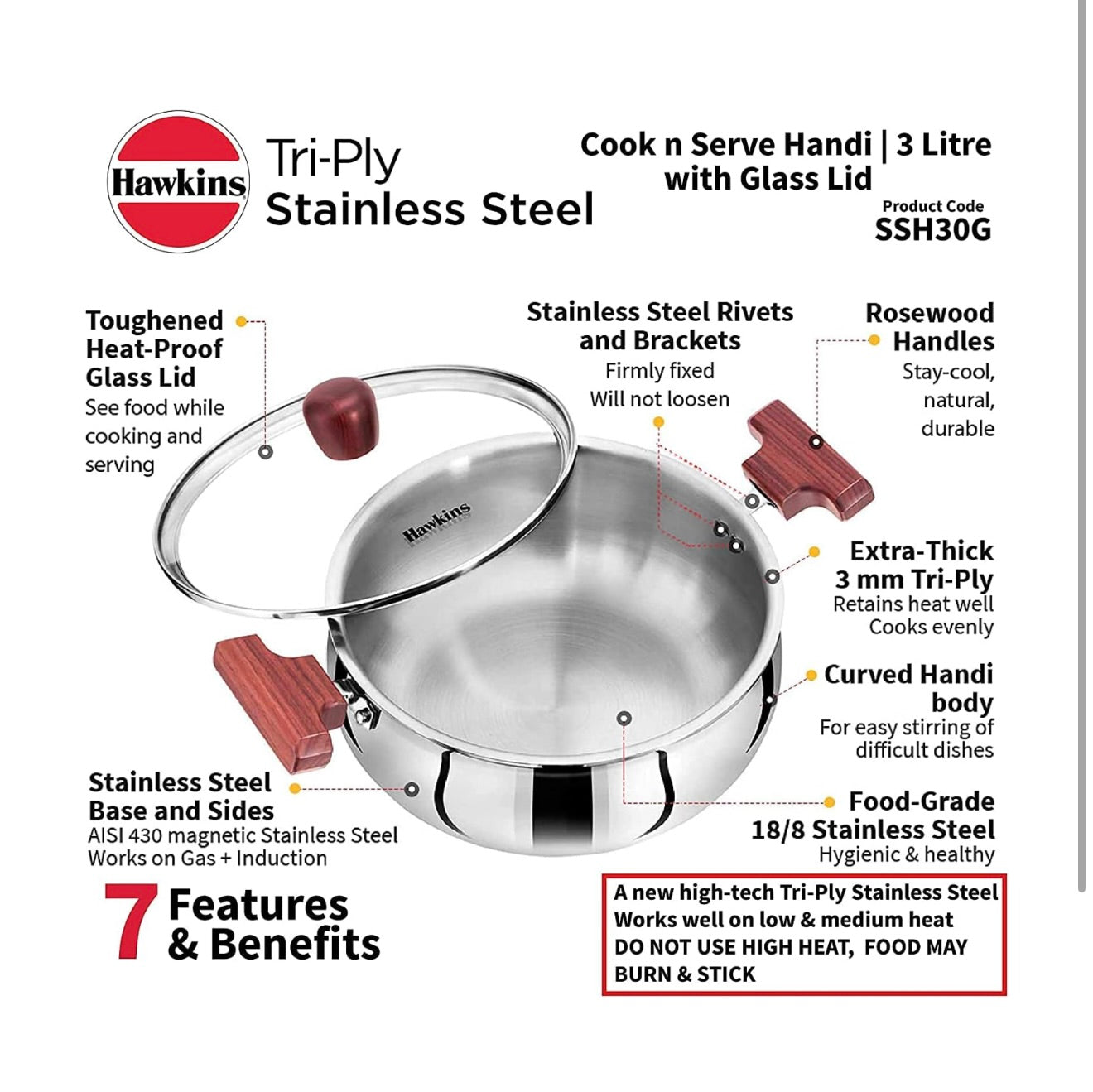 Hawkins 2 Litre Cook n Serve Handi, Triply Stainless Steel With Glass Lid, Induction Sauce Pan, Biryani Handi, Saucepan, Silver (SSH20G)