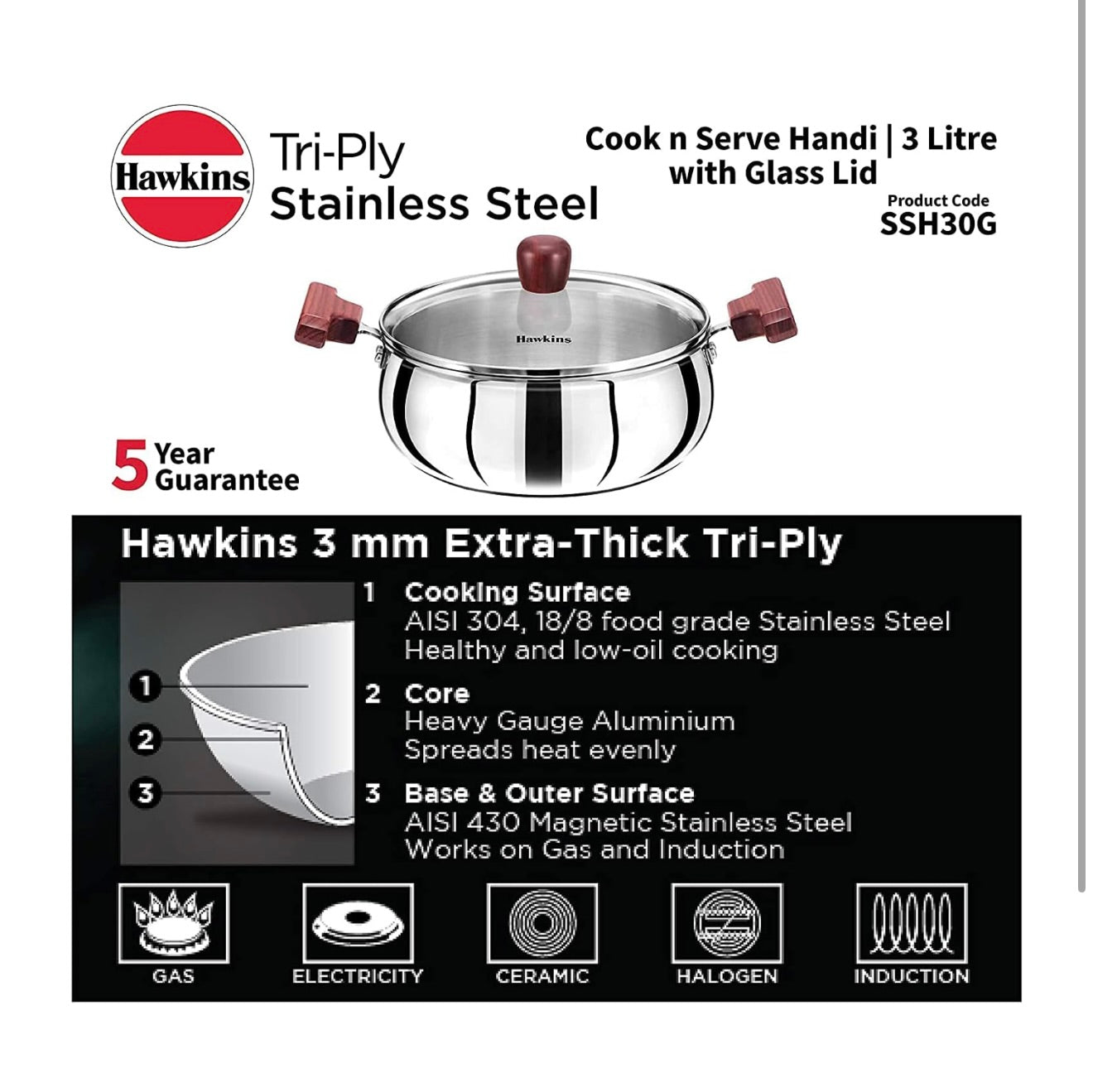 Hawkins 2 Litre Cook n Serve Handi, Triply Stainless Steel With Glass Lid, Induction Sauce Pan, Biryani Handi, Saucepan, Silver (SSH20G)