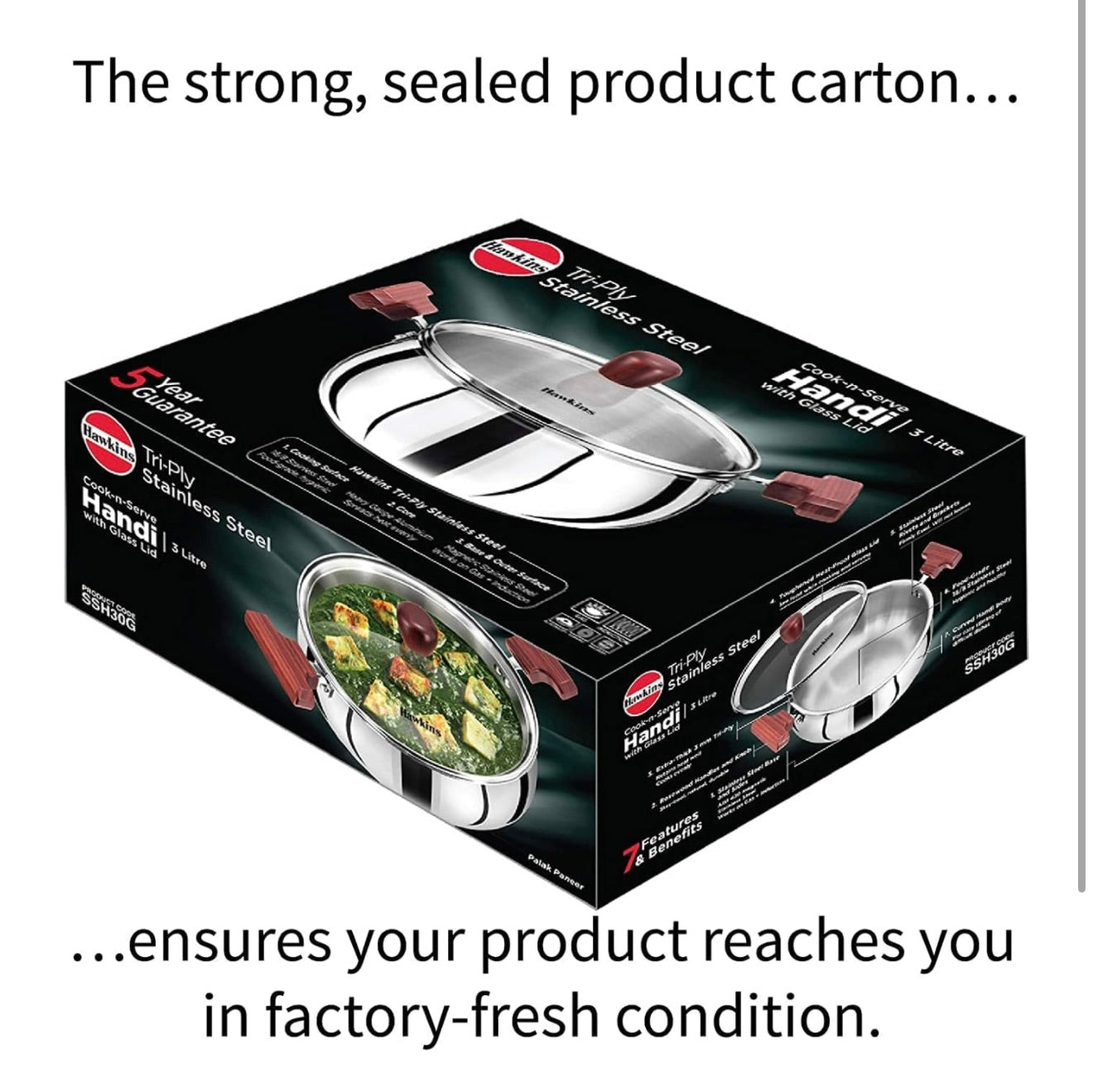 Hawkins 2 Litre Cook n Serve Handi, Triply Stainless Steel With Glass Lid, Induction Sauce Pan, Biryani Handi, Saucepan, Silver (SSH20G)